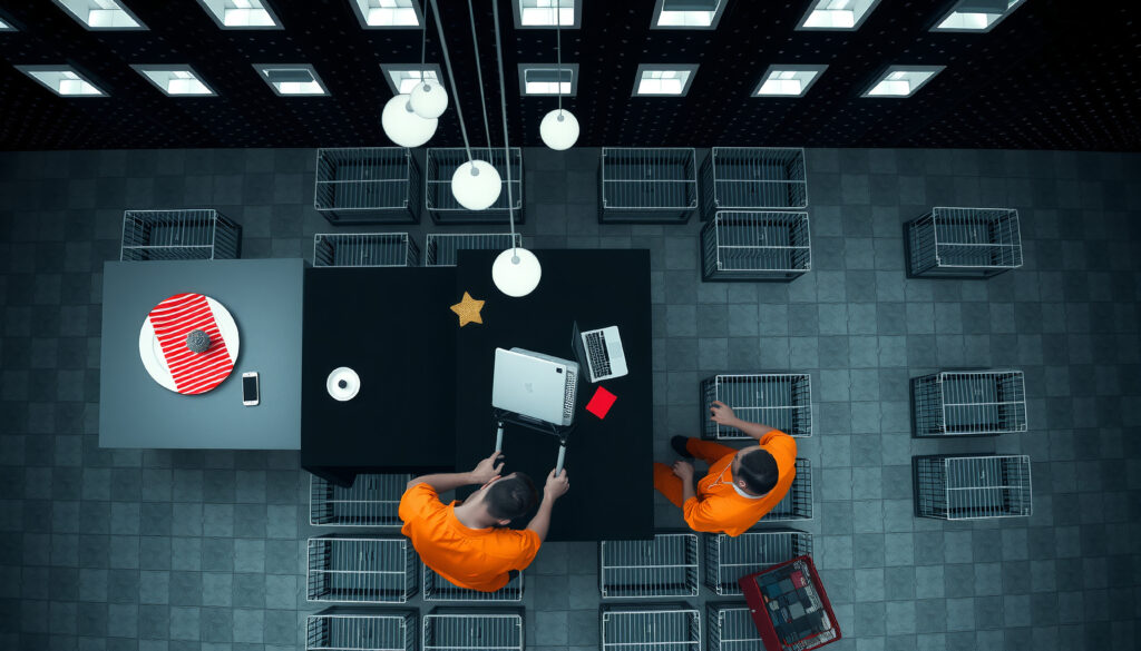 Overhead View of Workers in Orange Jumpsuits Collaborating with Laptop Among Metal Cages