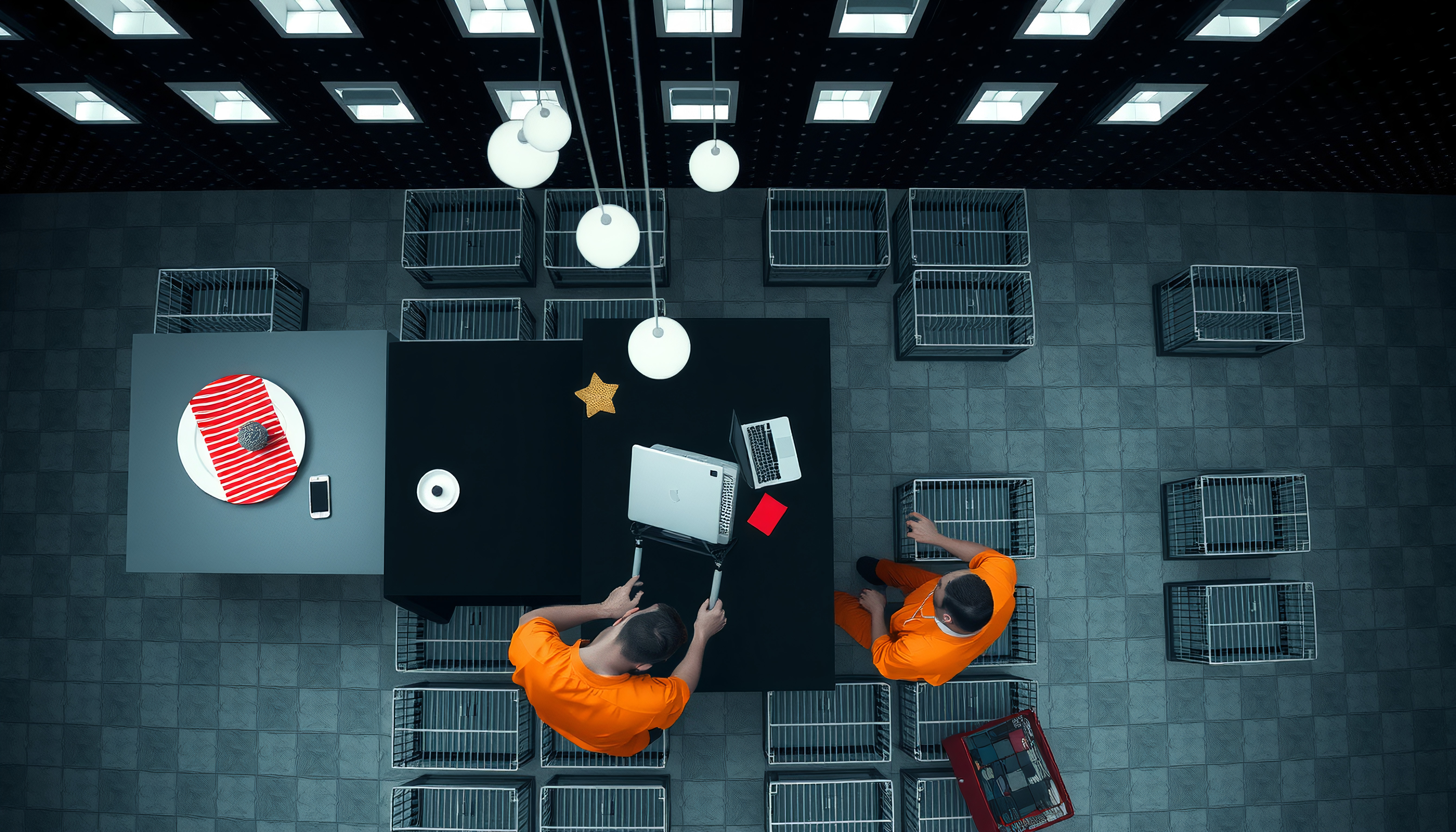 Overhead View of Workers in Orange Jumpsuits Collaborating with Laptop Among Metal Cages