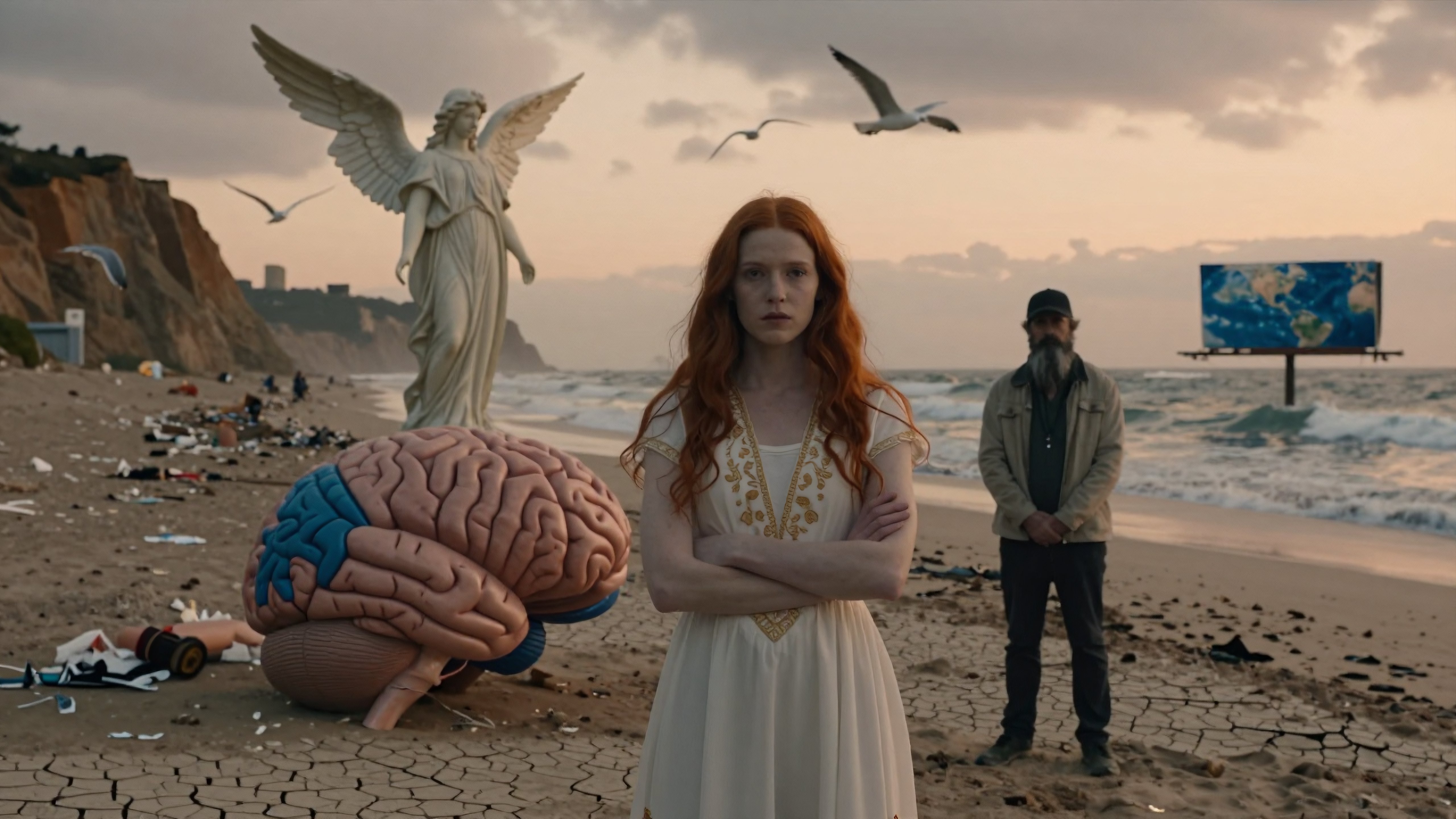 Surreal Beach with Giant Brain Sculpture and Angel Statue
