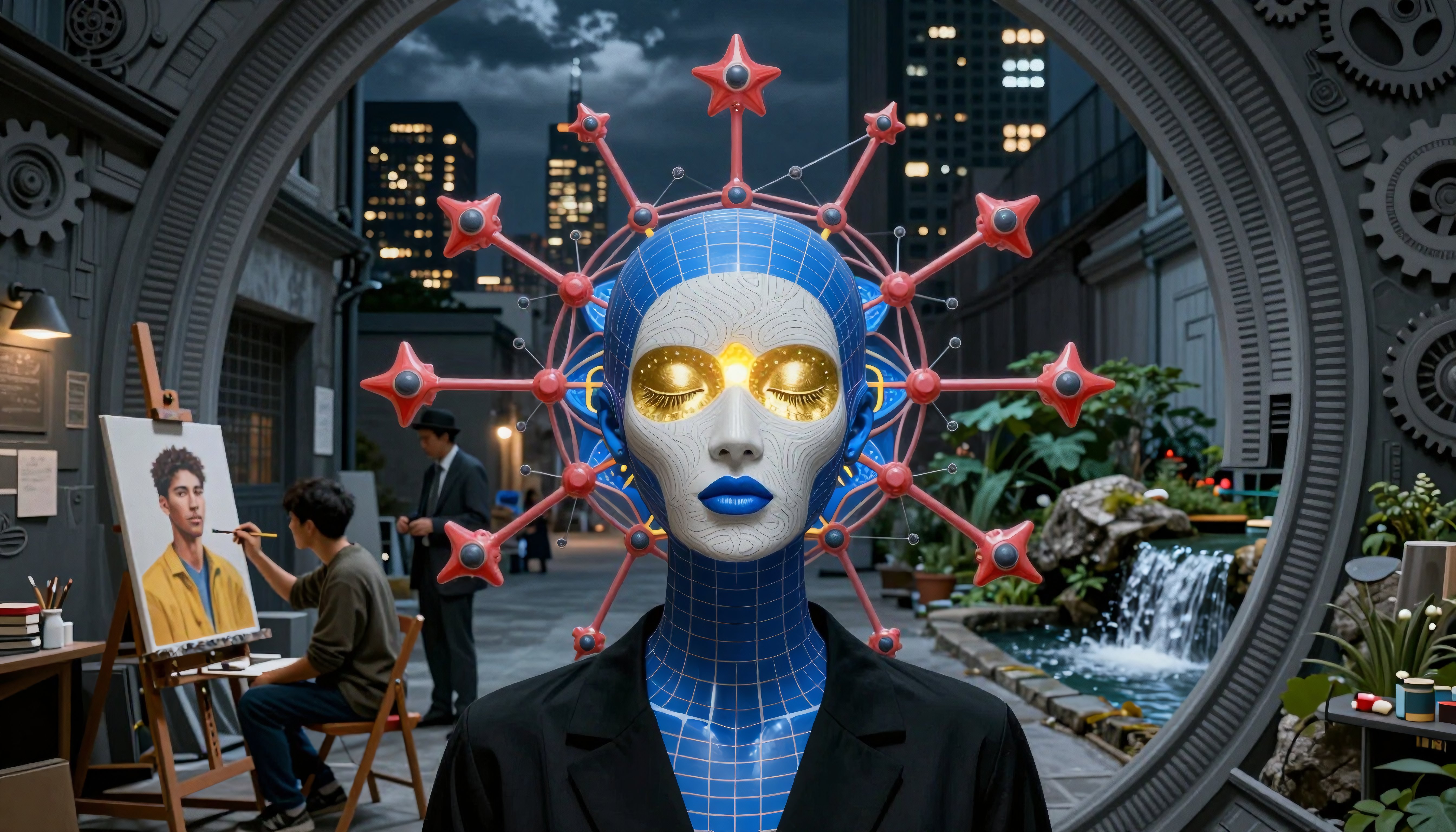 AI Art Figure with Red Star Structures in Urban Courtyard