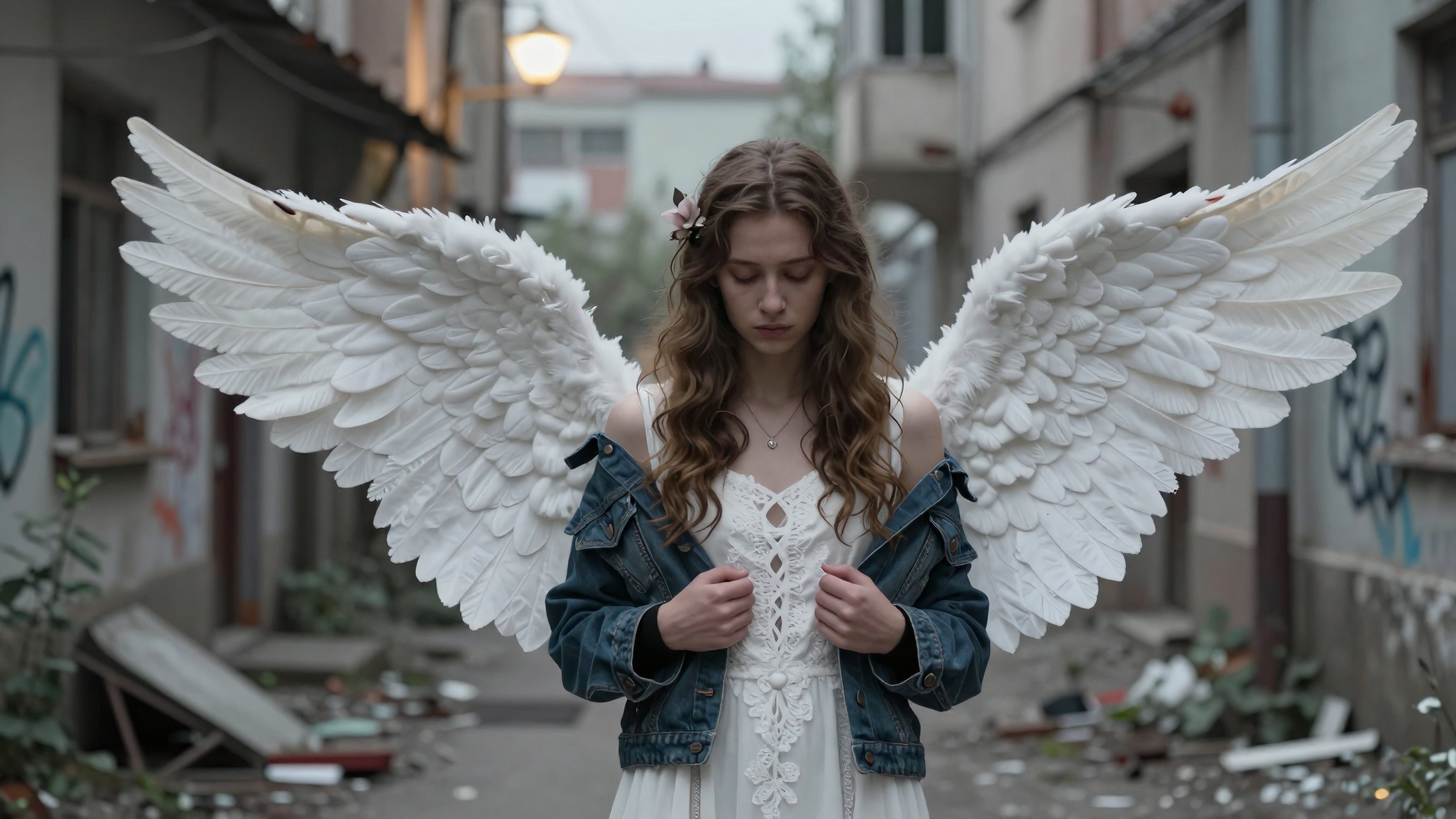 Woman with White Angel Wings in Urban Alleyway