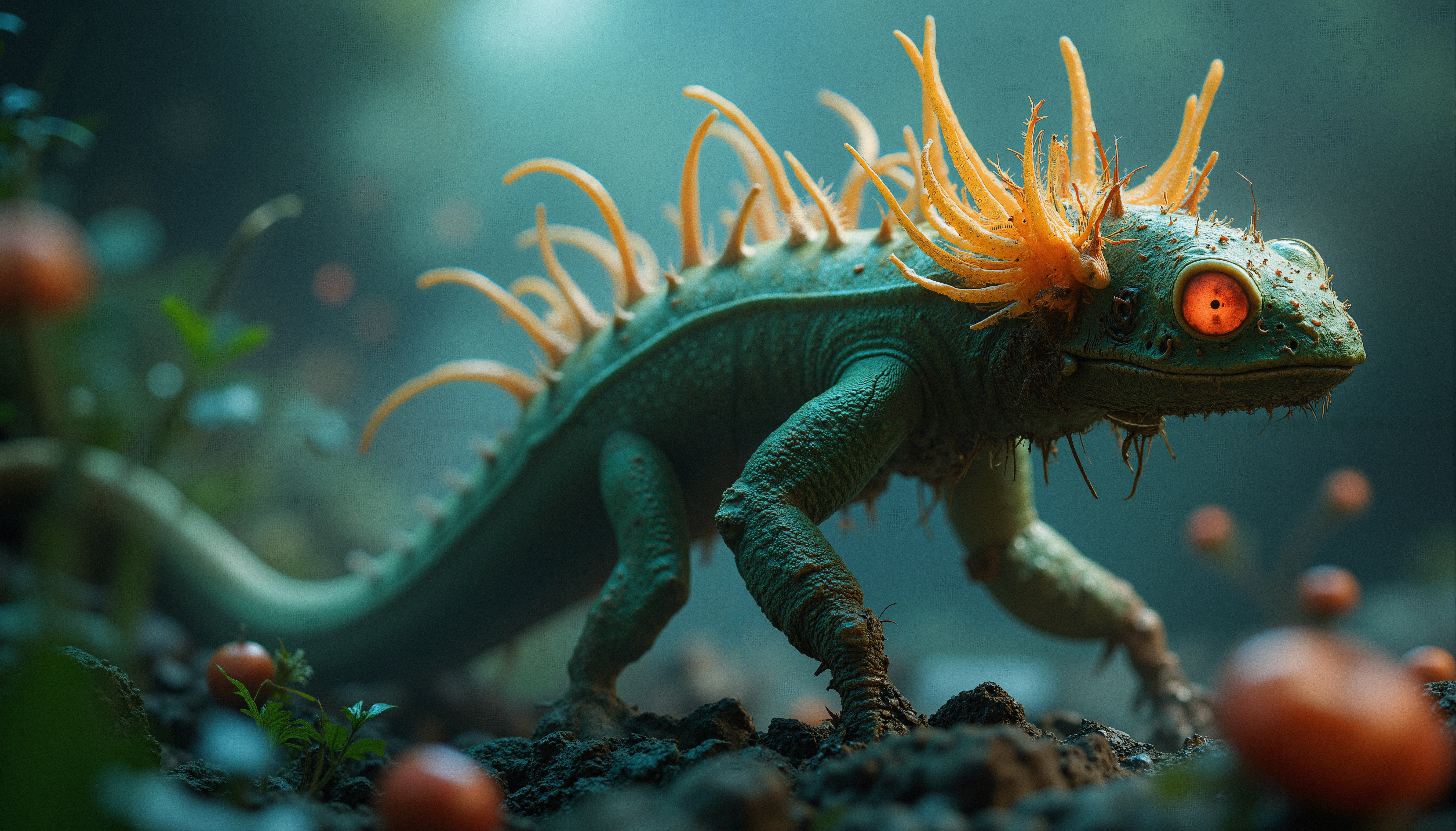 Fantastical Lizard-like Creature with Orange Spines in Enchanted Forest