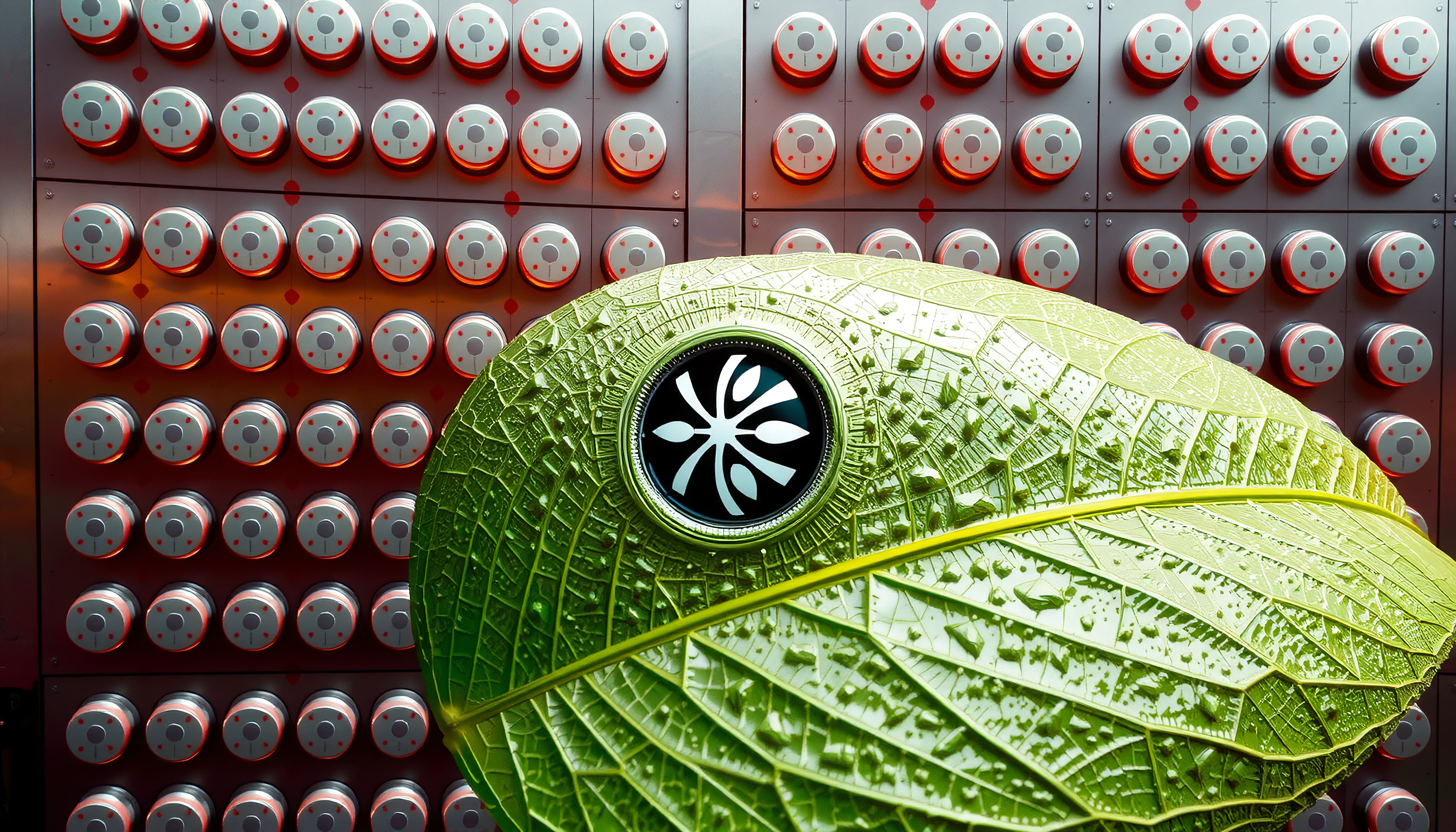 Futuristic Leaf Against Metallic Control Panel