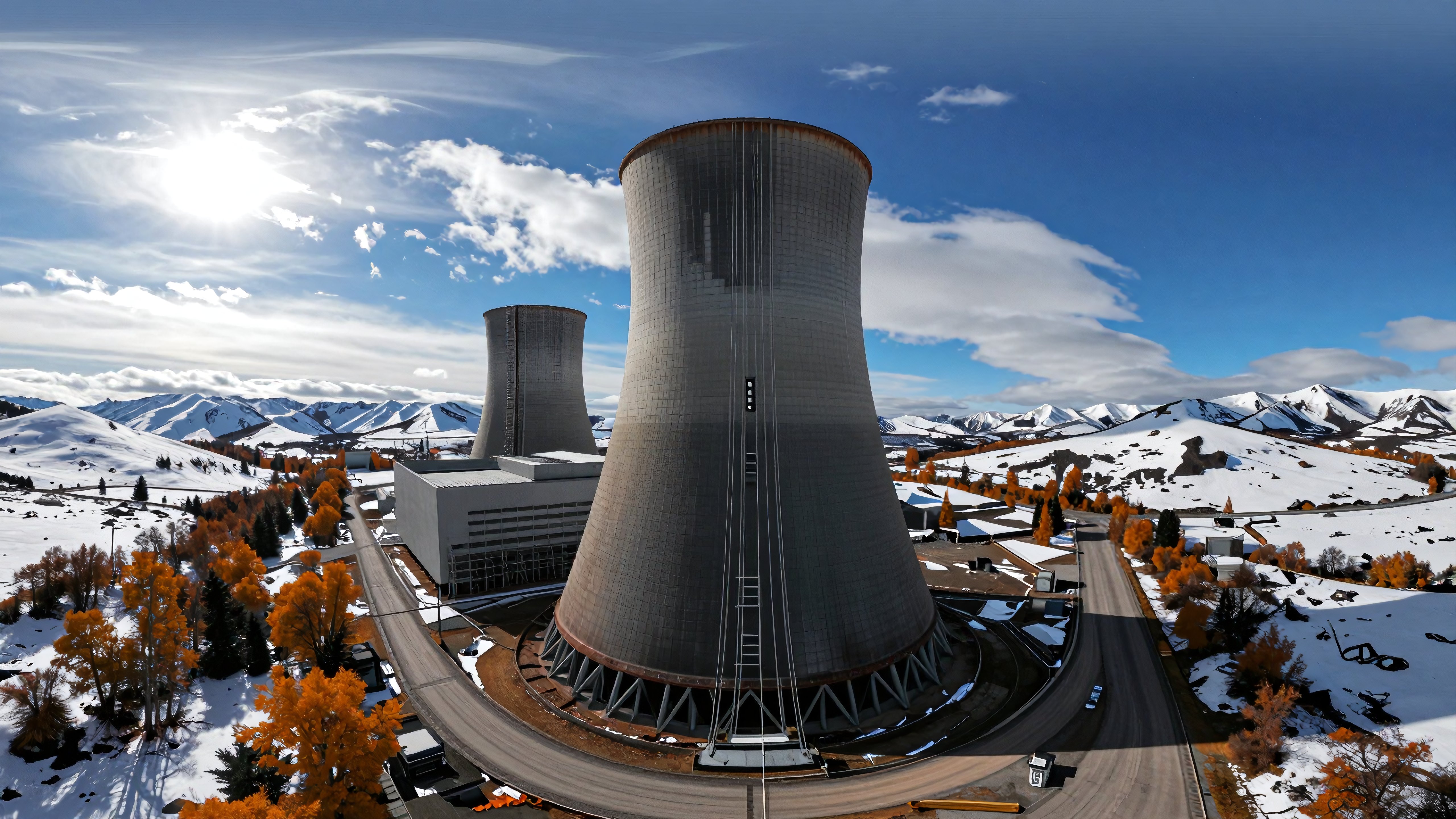 Nuclear Power Plant Cooling Towers in Winter Mountain Landscape