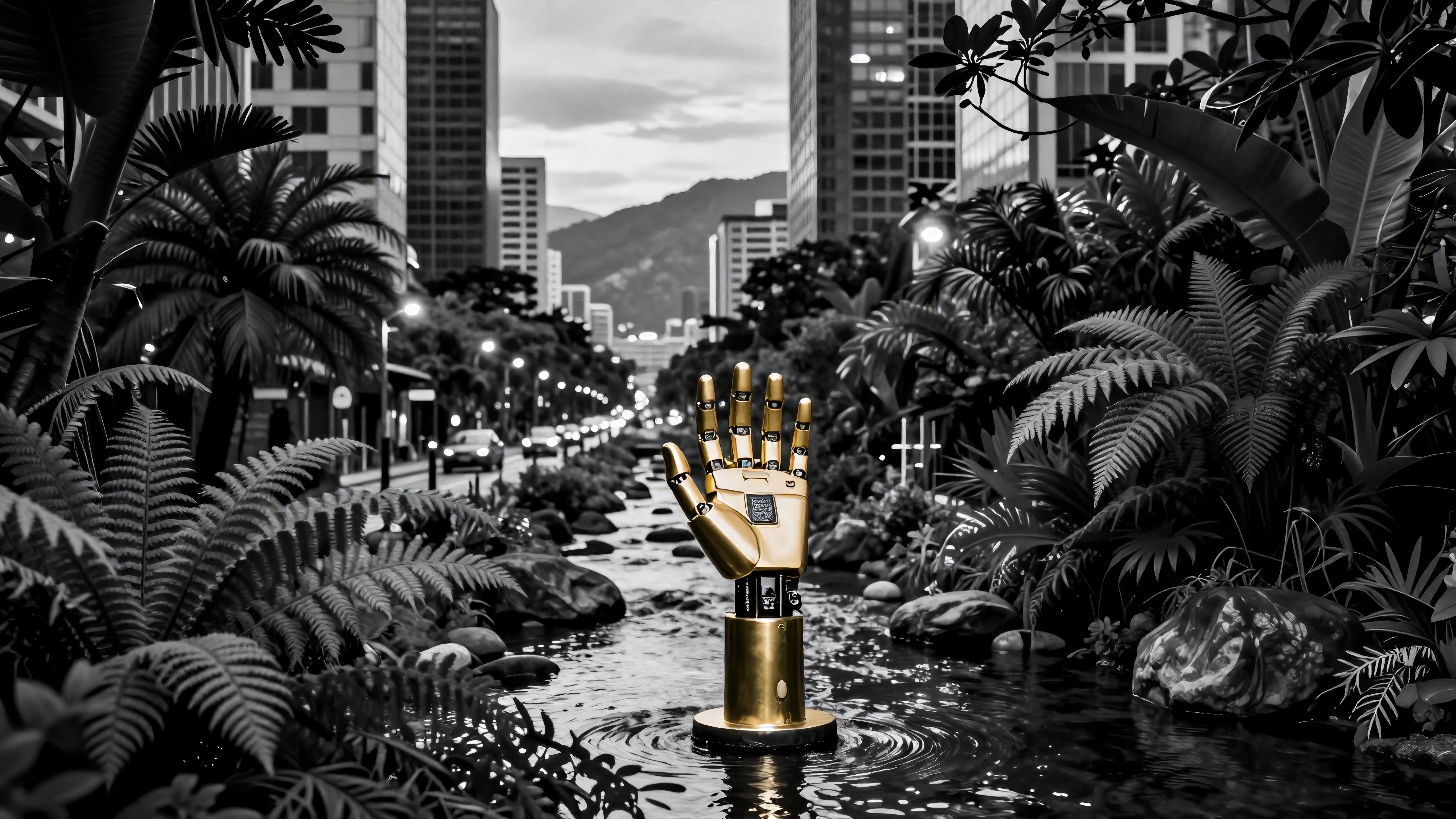 Golden Robotic Hand in Urban Water Feature with Lush Greenery