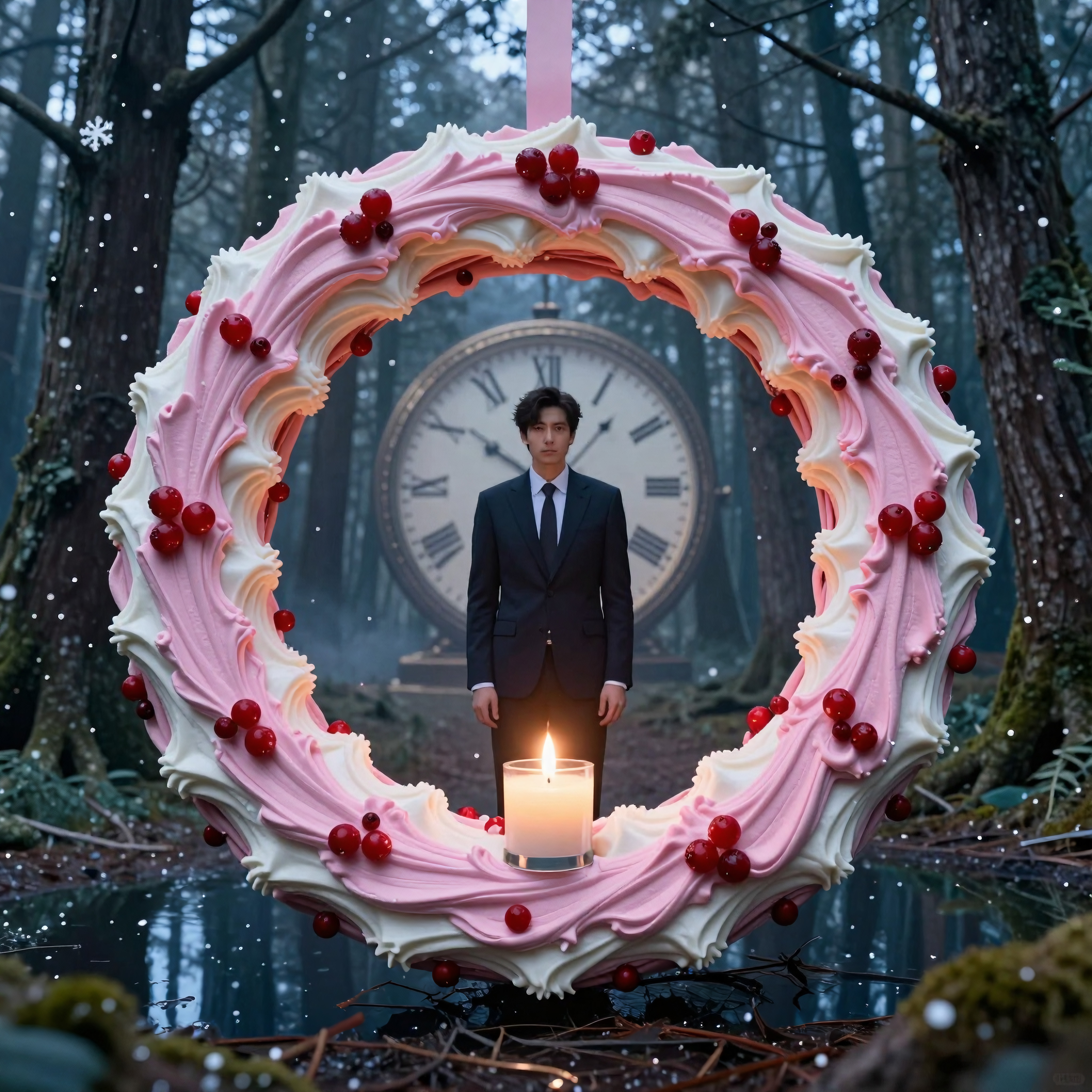 Man in Suit Stands Before Elaborate Pink Wreath and Clockwork Setting