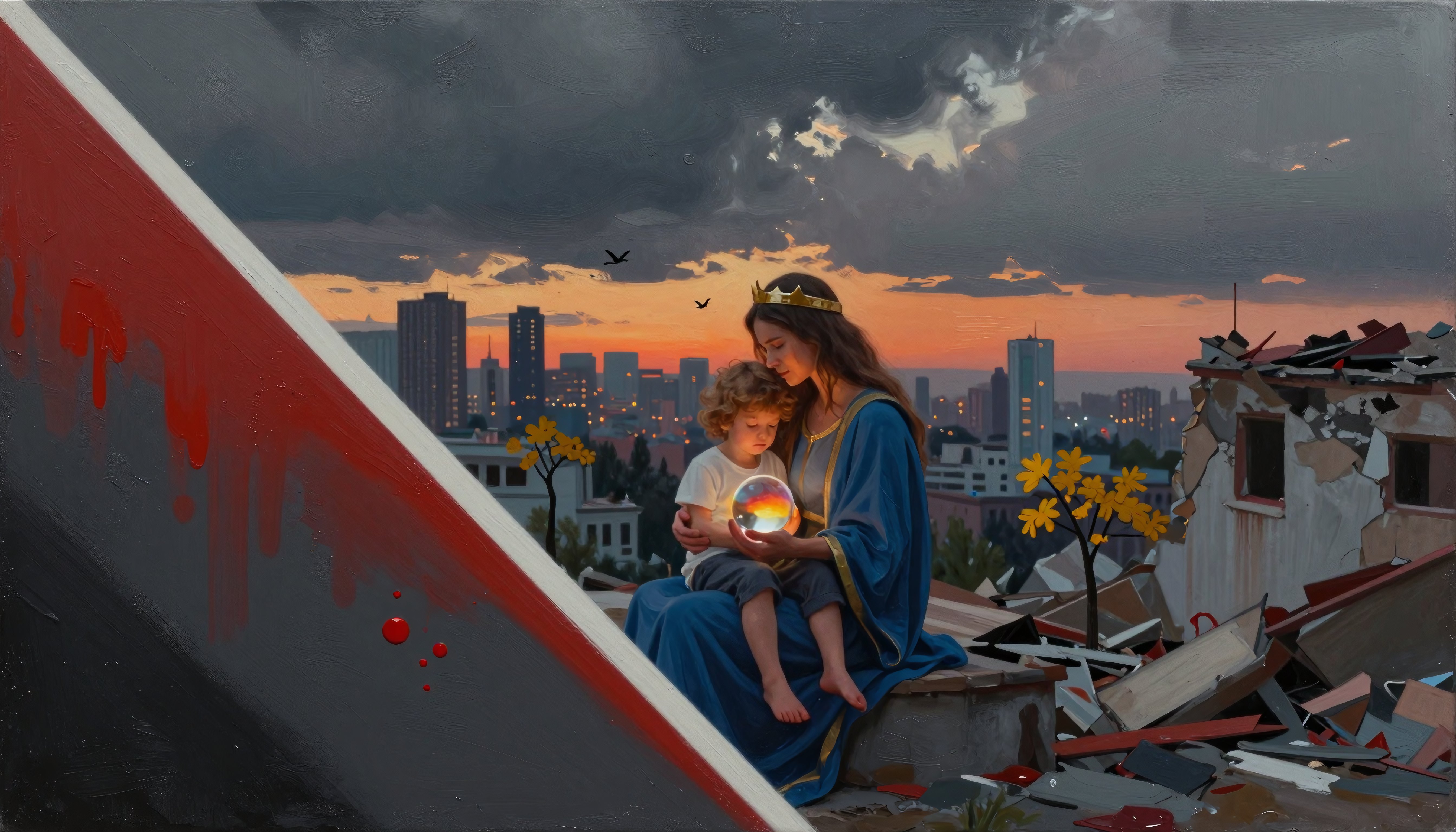 Queen and Child with Crystal Ball on Urban Ruins at Dusk