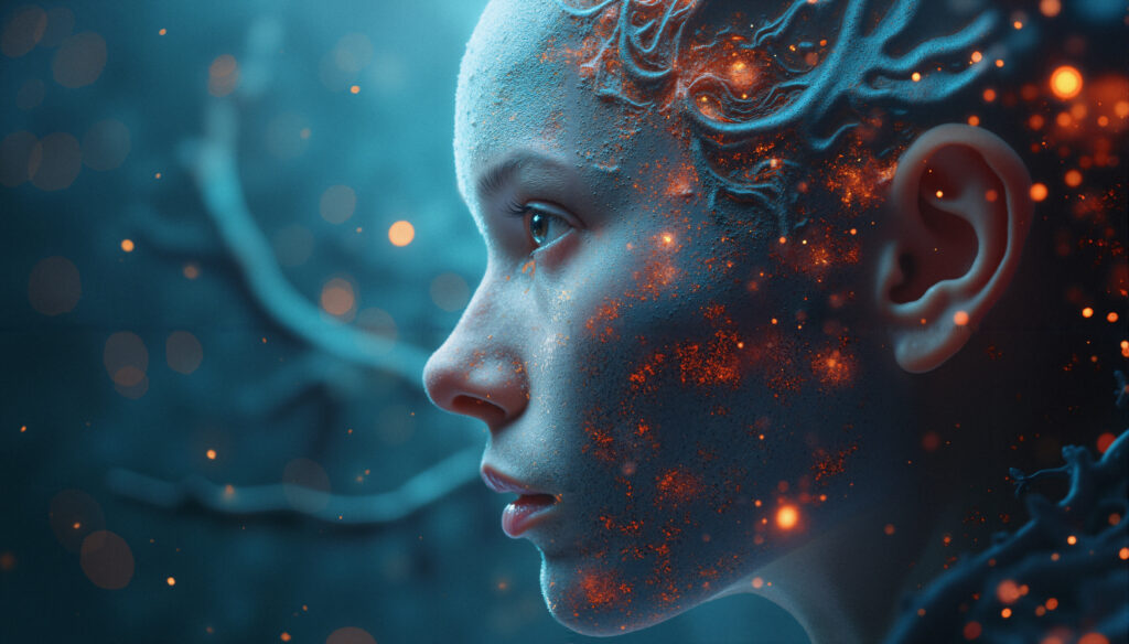 Surreal Human Profile with Glowing Organic Patterns and Ethereal Atmosphere
