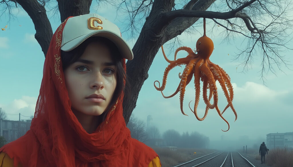 Haunted train tracks scene featuring model and suspended octopus