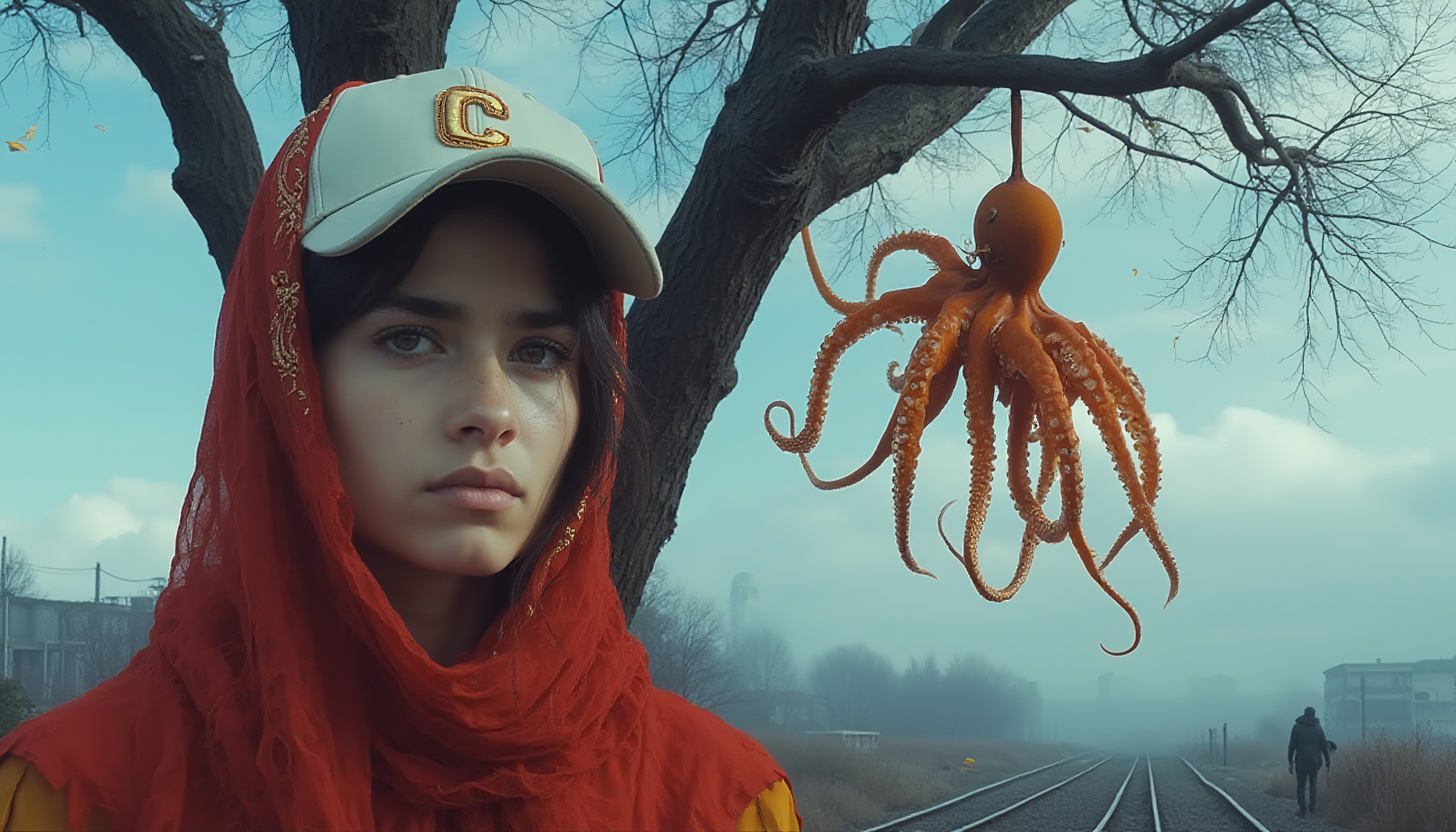 Haunted train tracks scene featuring model and suspended octopus