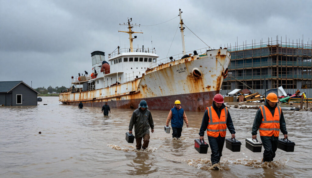 People walking through floodwaters near a derelict ship and construction site