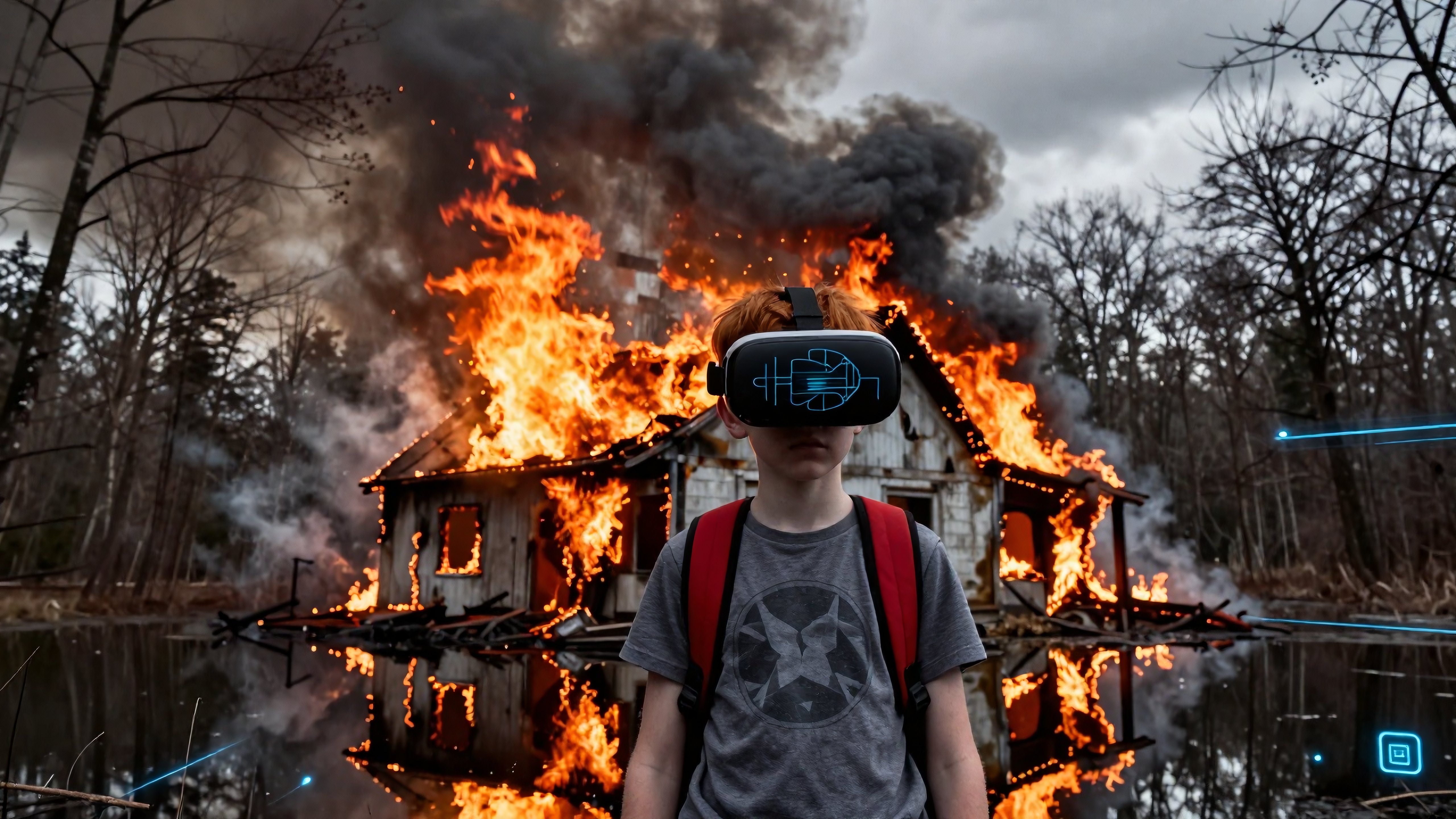Child with VR headset observing burning house reflection on water