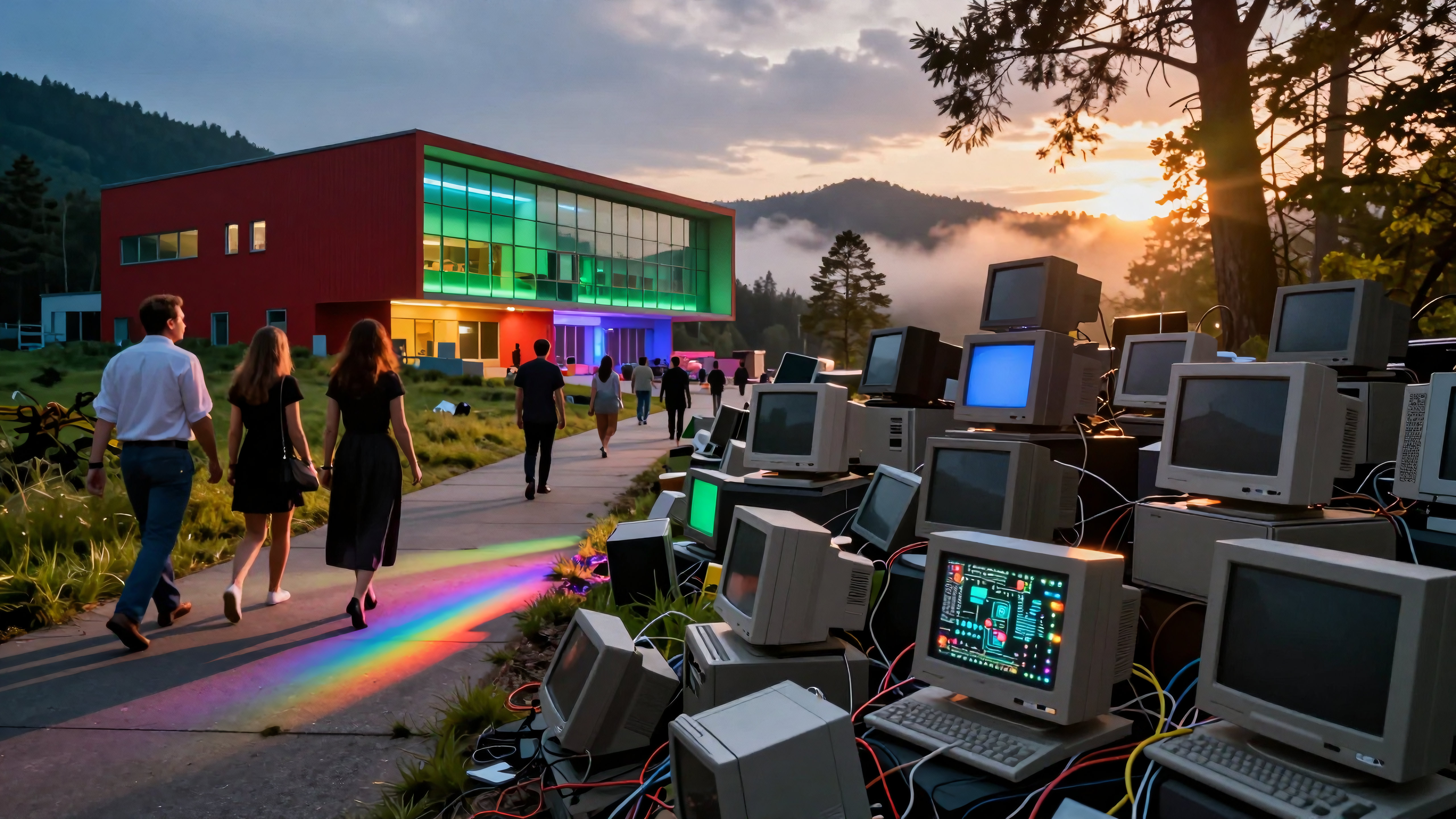 Modern tech campus with vintage computers and sunset walkway