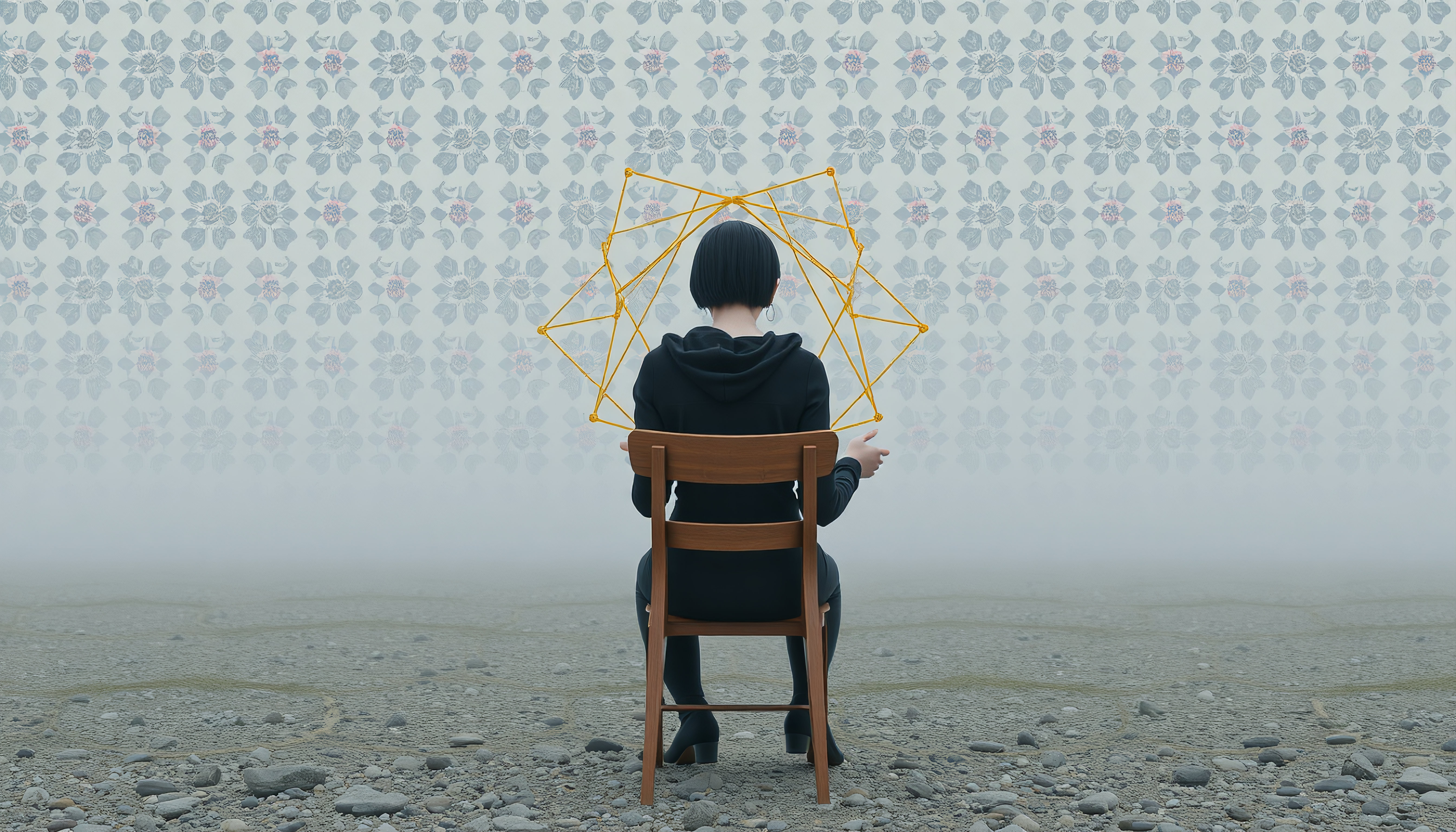 Person with Yellow Geometric Wireframe on Chair Against Floral Wallpaper Backdrop