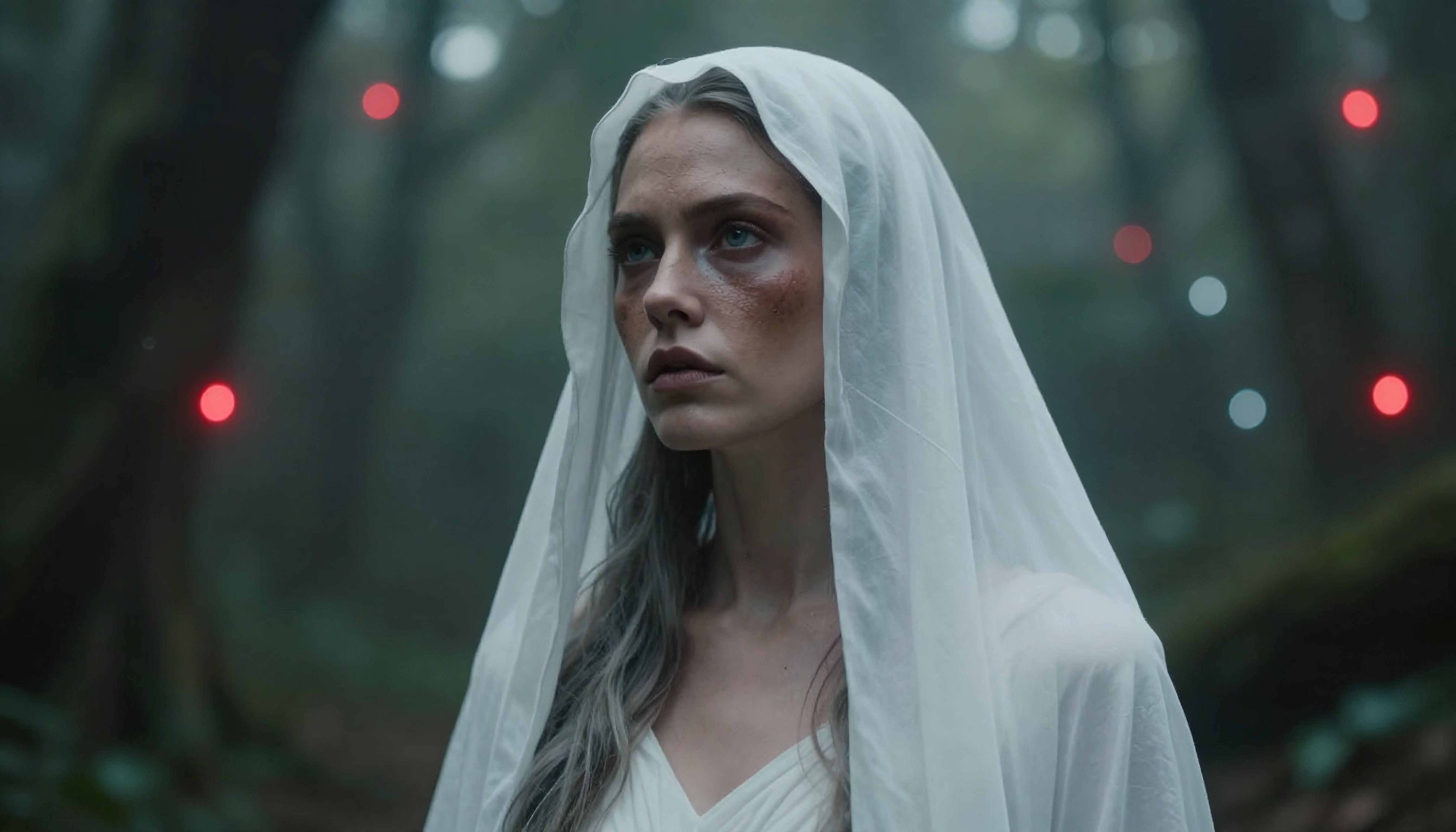 Mysterious woman in white veil standing in a foggy forest clearing