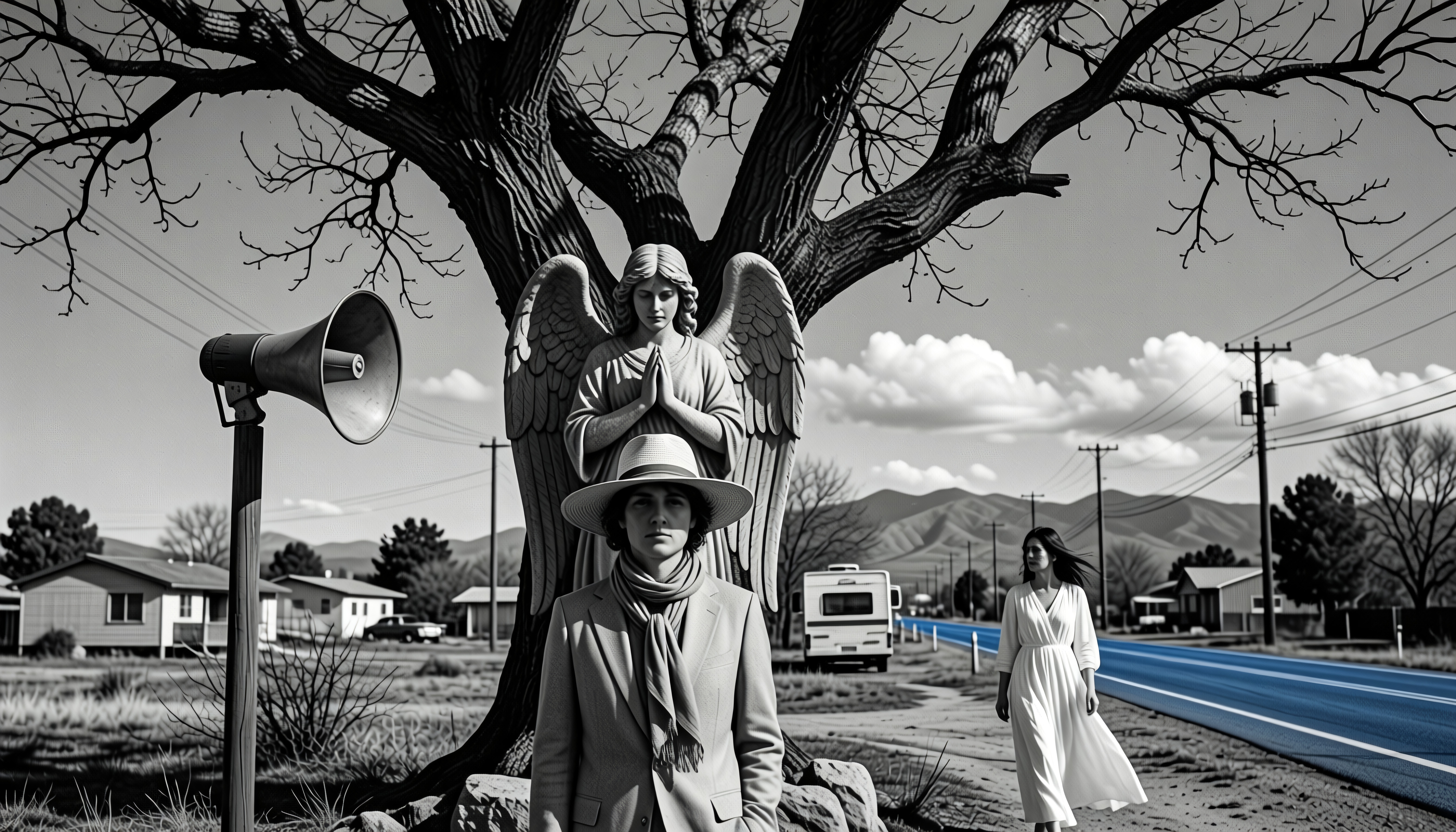 Surreal street scene with statue and figures beneath a sprawling tree