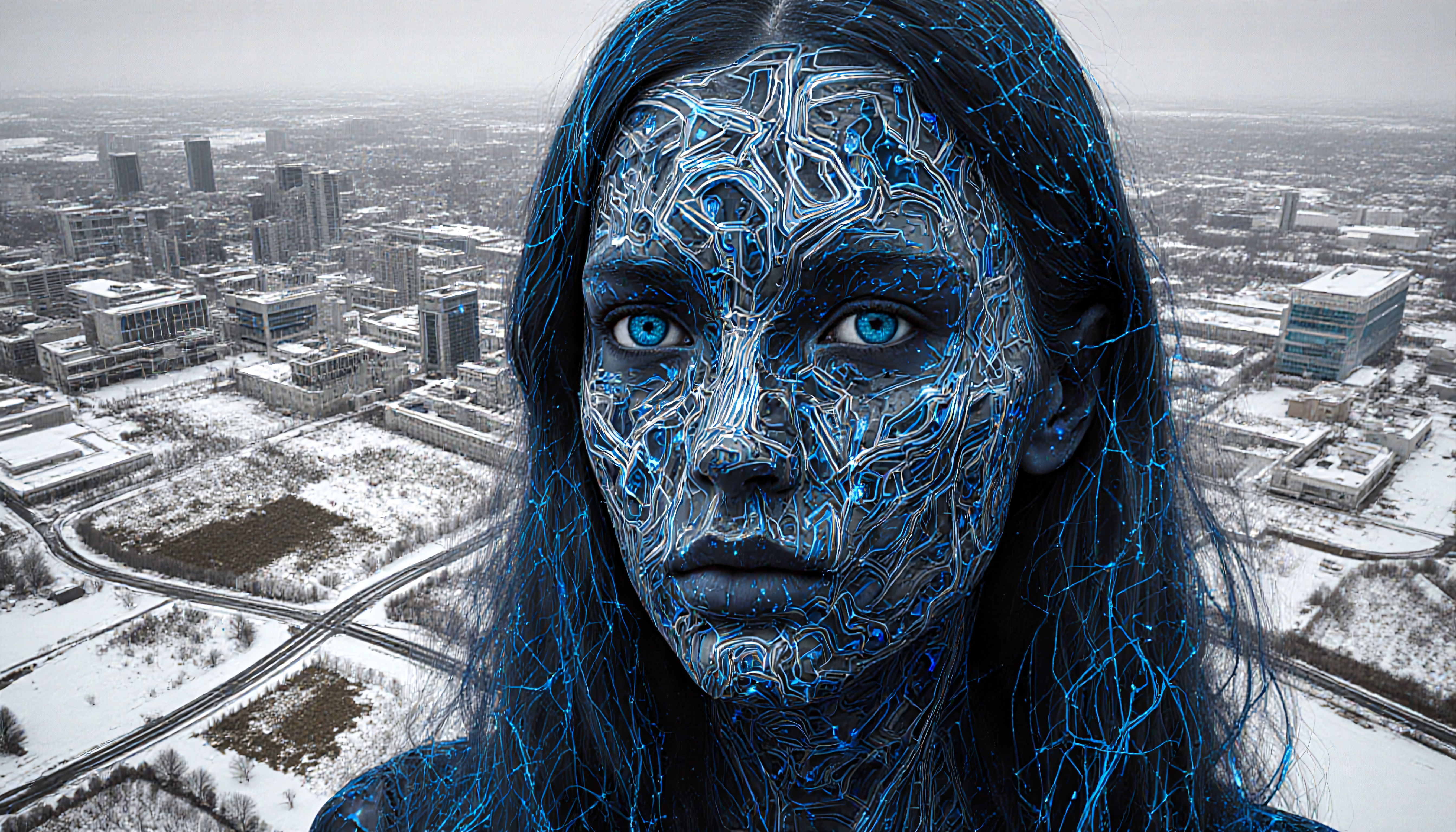 Cybernetic Portrait Over Snowy Urban Landscape
