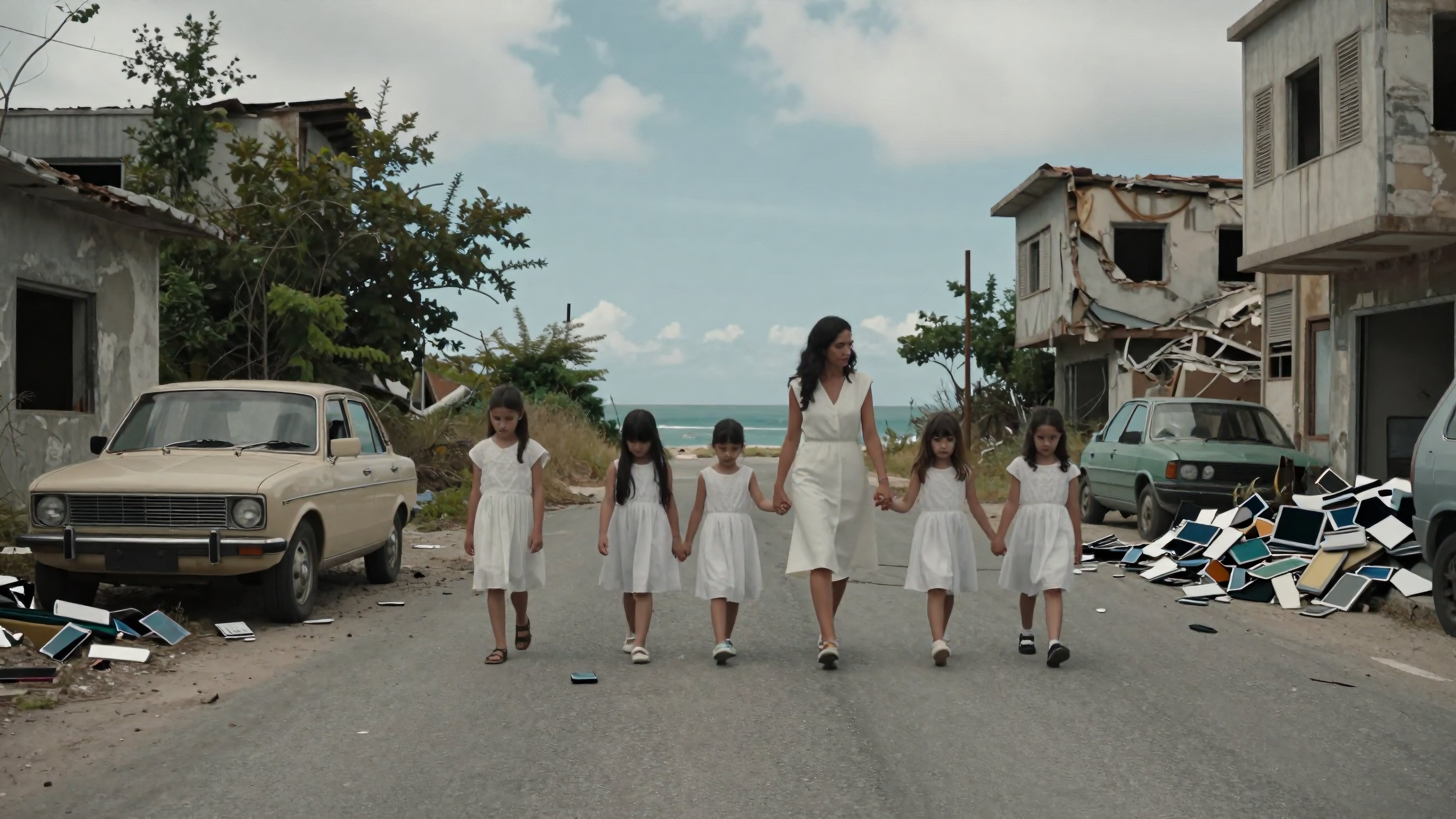 Mother and Daughters Walking Through Post-Conflict Coastal Town