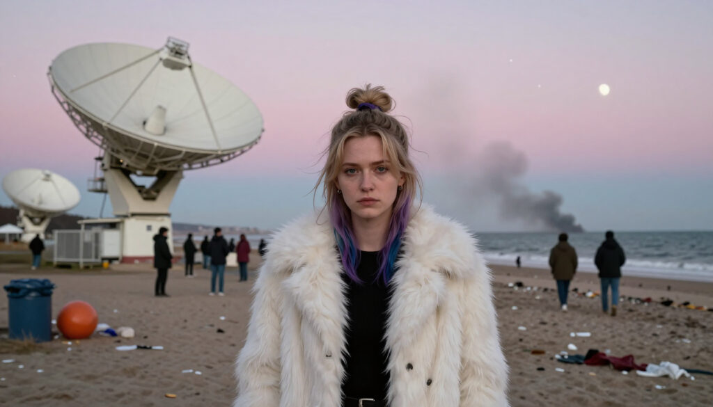 Woman on Dystopian Beach with Satellite Dishes at Dusk