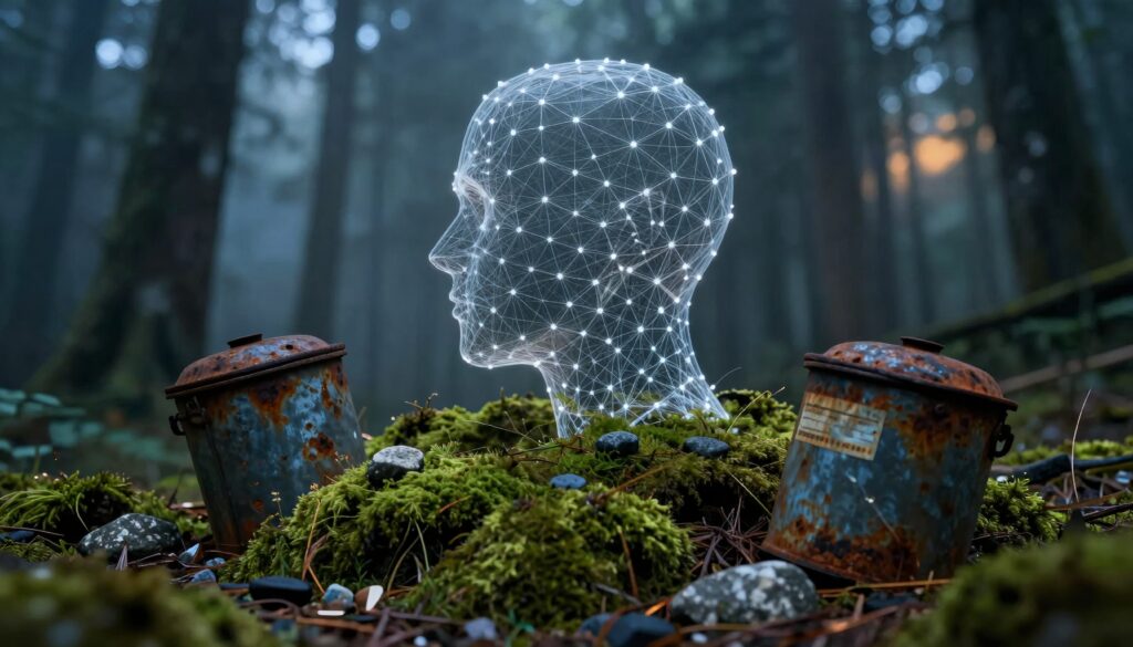 Digital Human Head Wireframe in Misty Forest with Rusty Containers