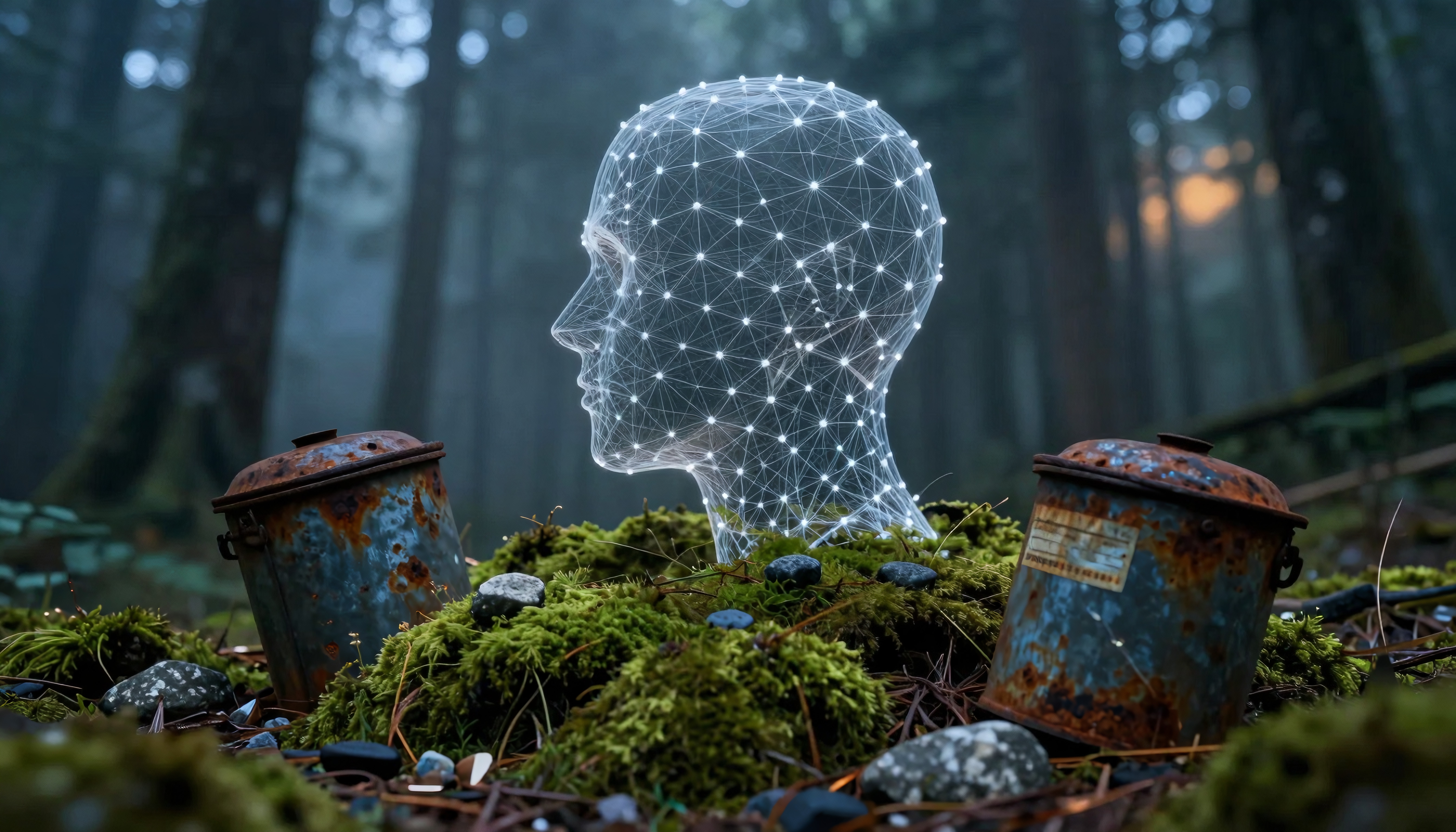 Digital Human Head Wireframe in Misty Forest with Rusty Containers