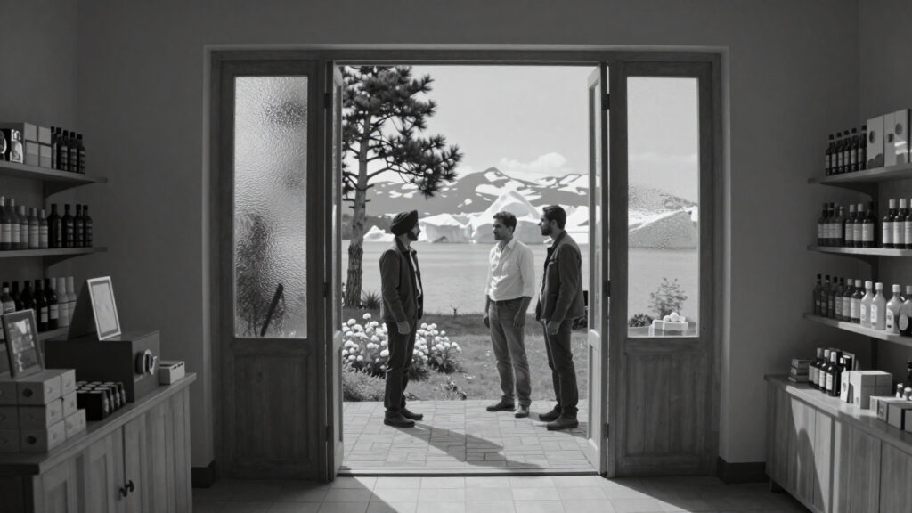 Three Men at Threshold Between Indoor Retail Space and Mountainous Landscape