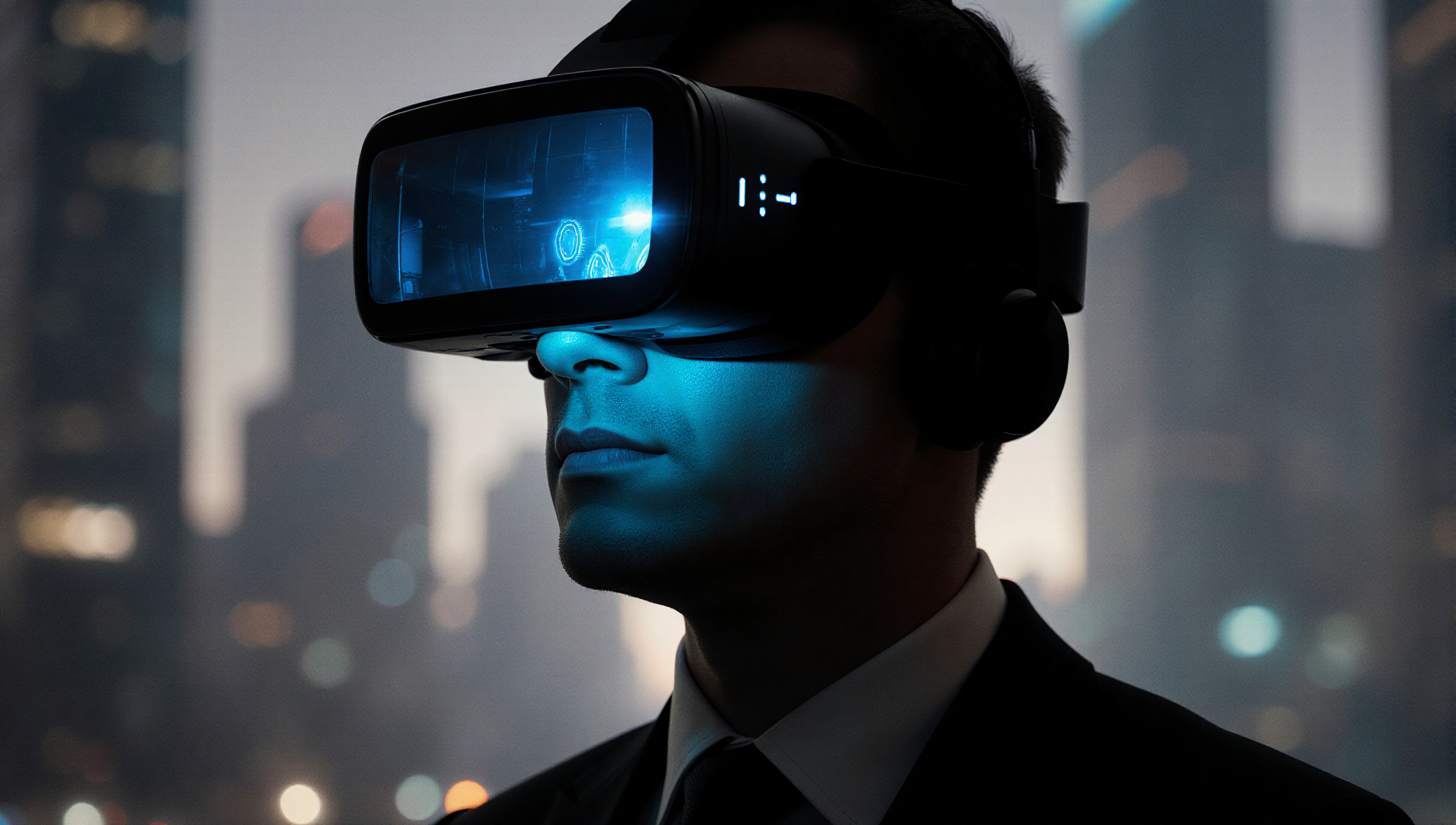Businessman Using VR Headset Against Urban Cityscape Backdrop