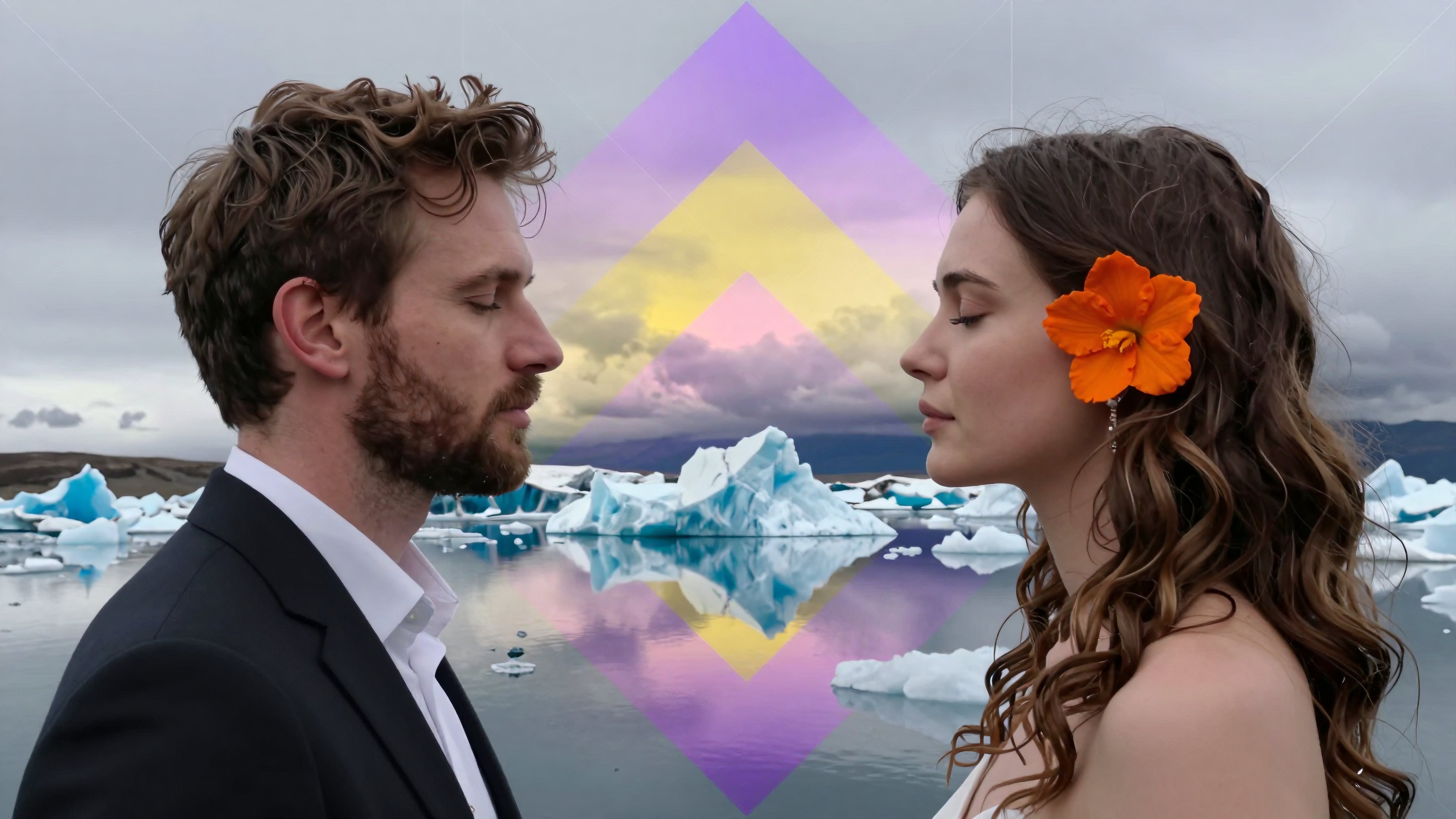 Romantic Couple Portrait Against Glacier Landscape with Geometric Overlay