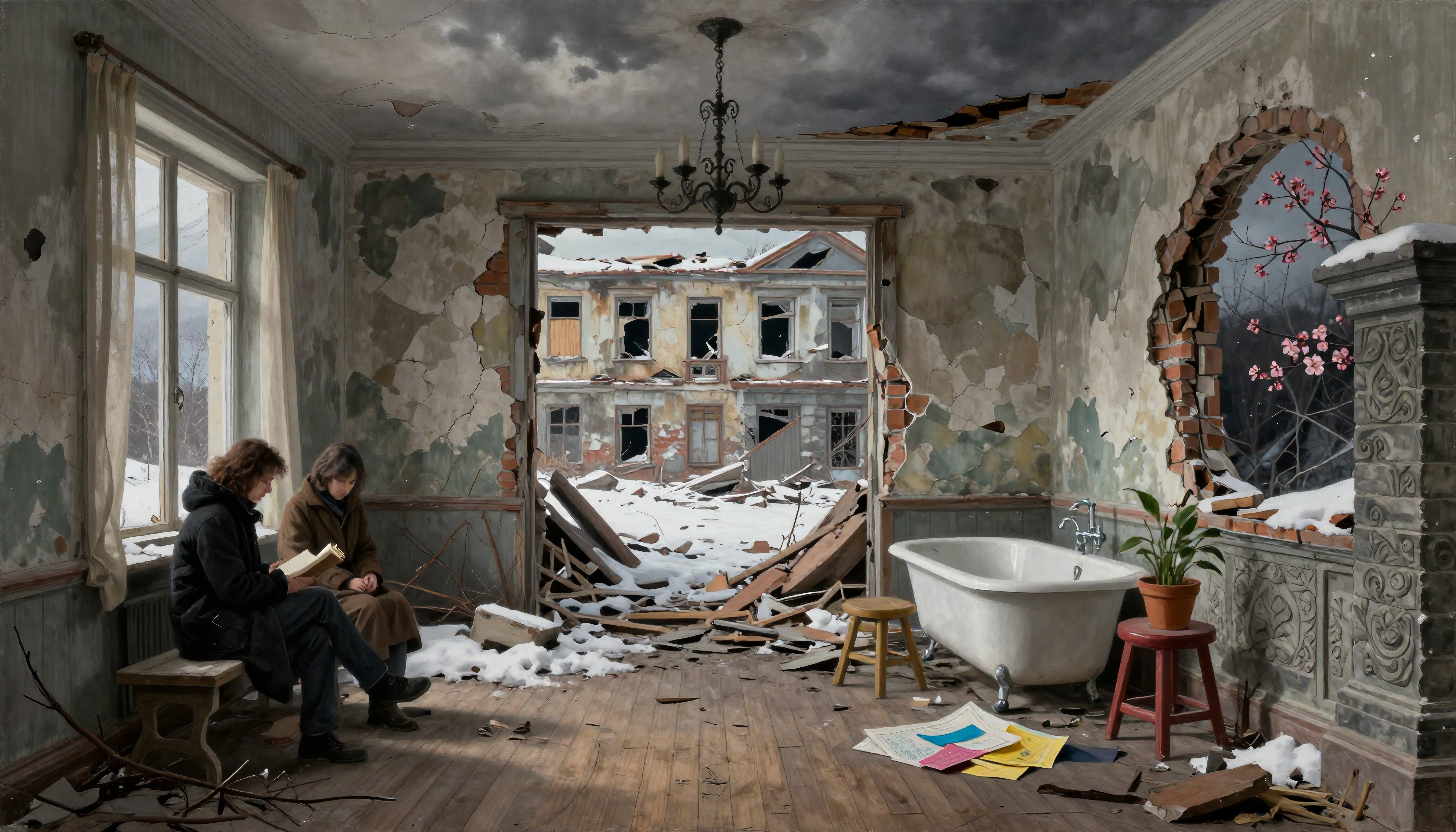 Abandoned Home Interior with Two People Amidst Snow and Ruins