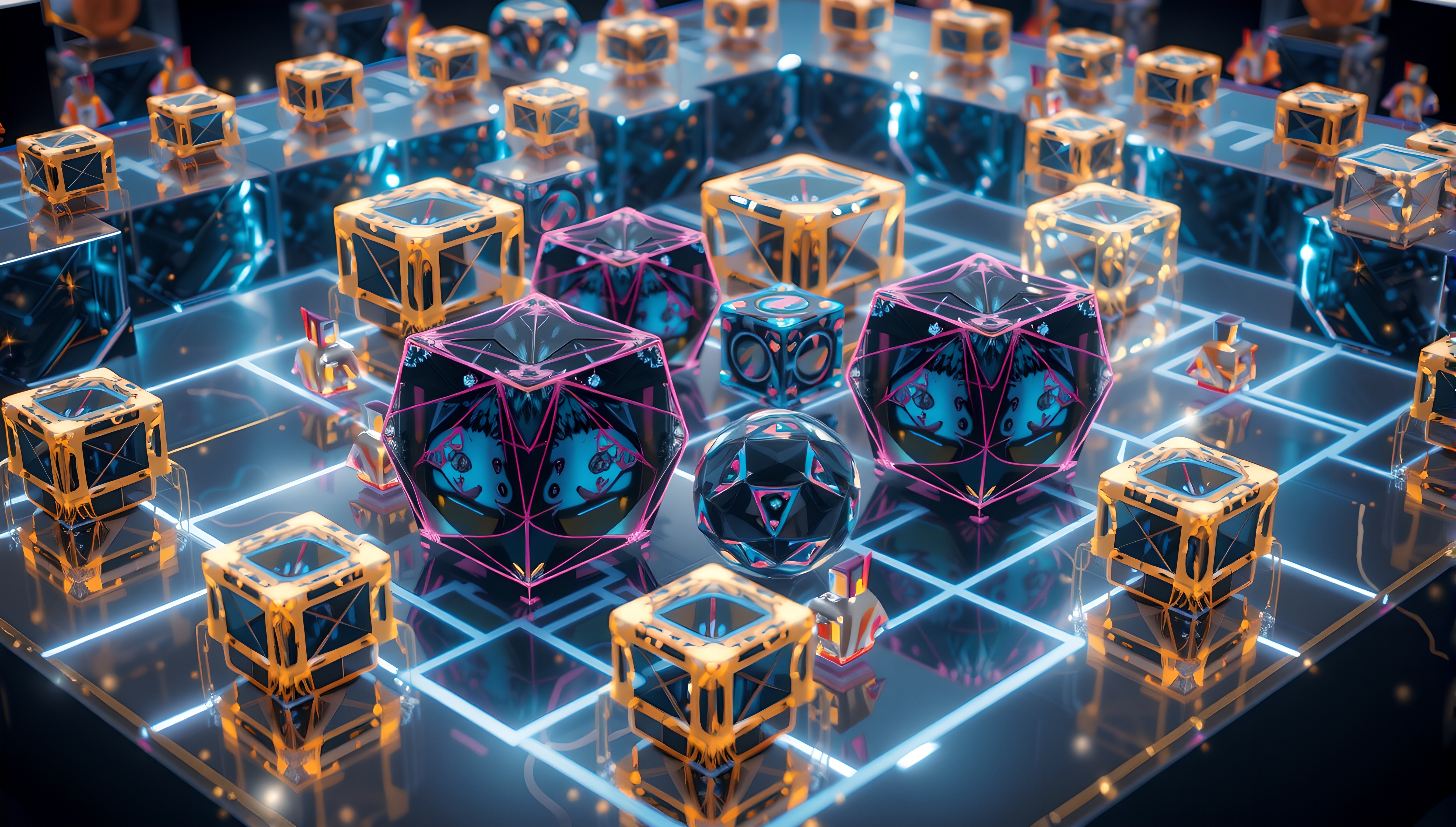 Futuristic Tech Grid with Glowing Cubes and Anime Character Sphere