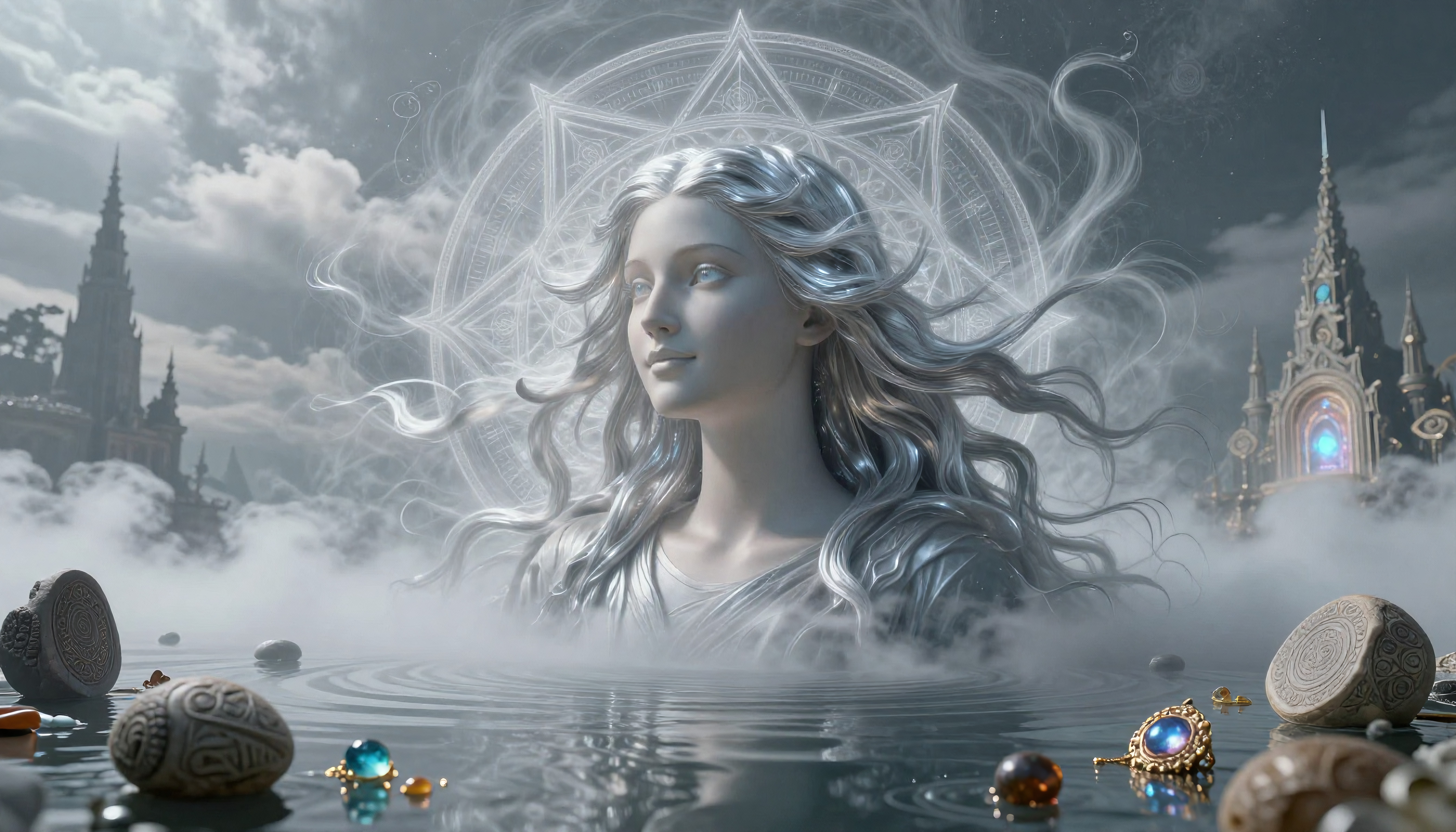 Mystical Woman in Sacred Water with Ethereal Castle