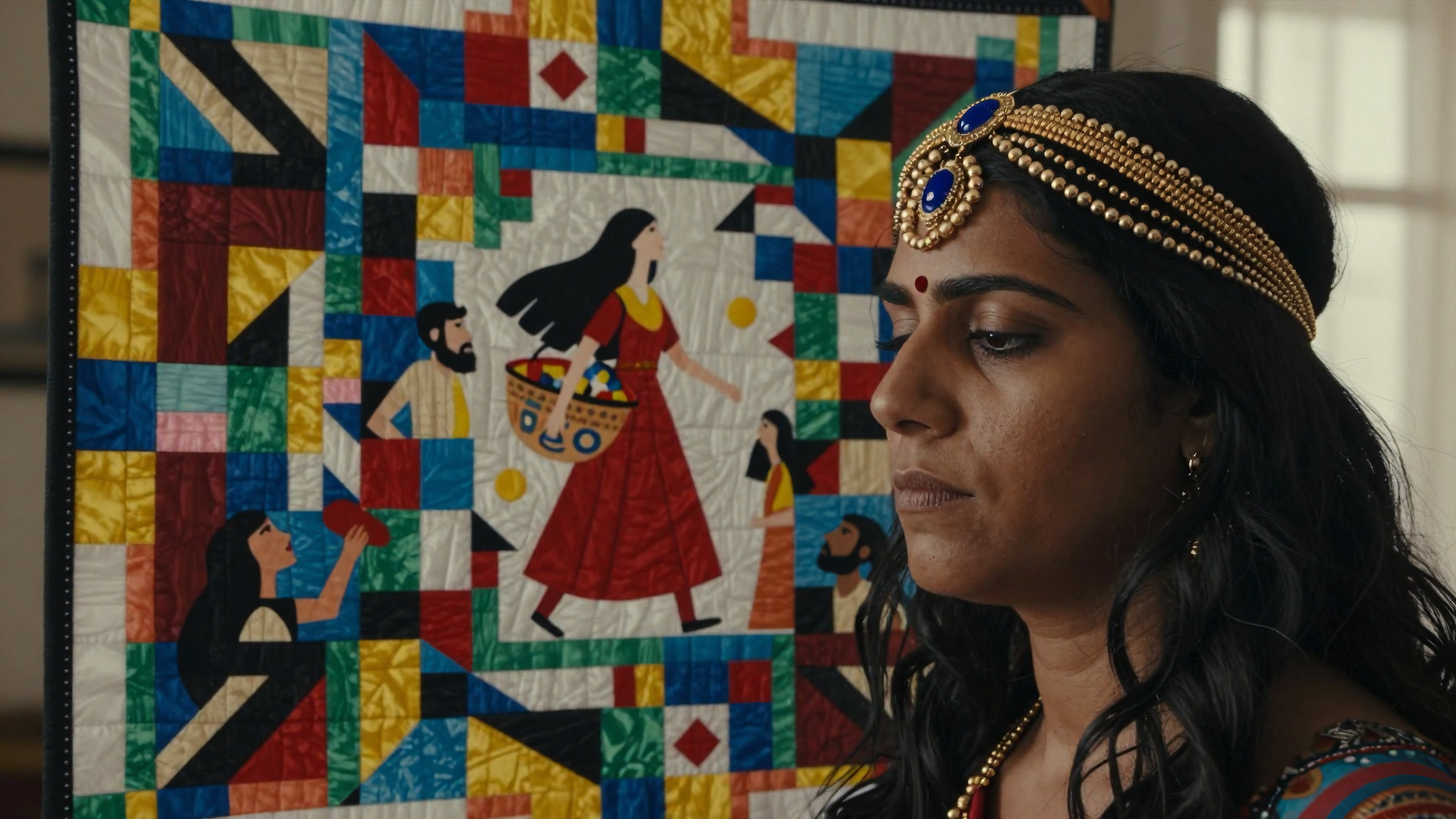 Woman in traditional Indian attire beside vibrant cultural quilt