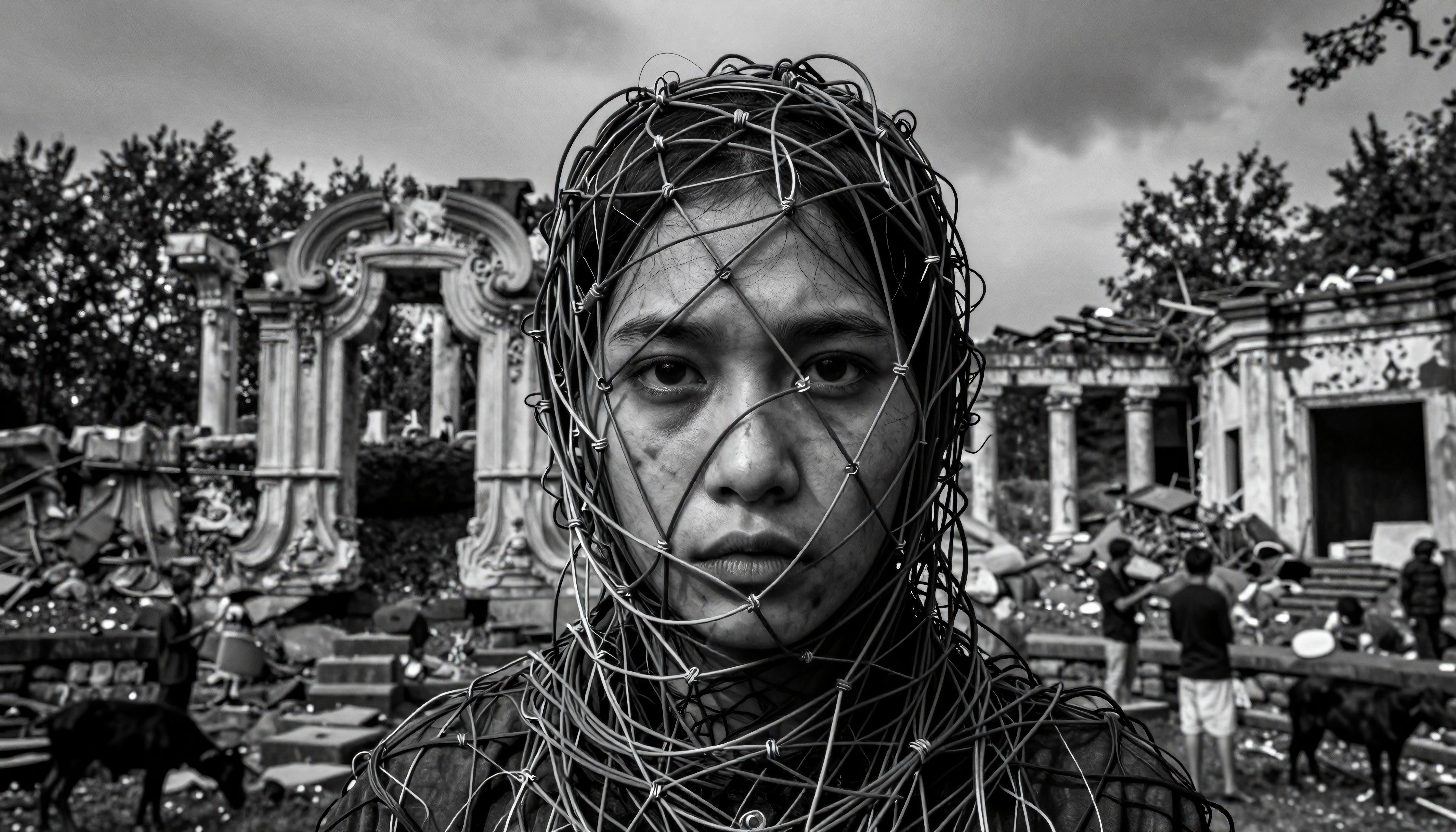 Barbed Wire Headpiece in War-Torn Cemetery