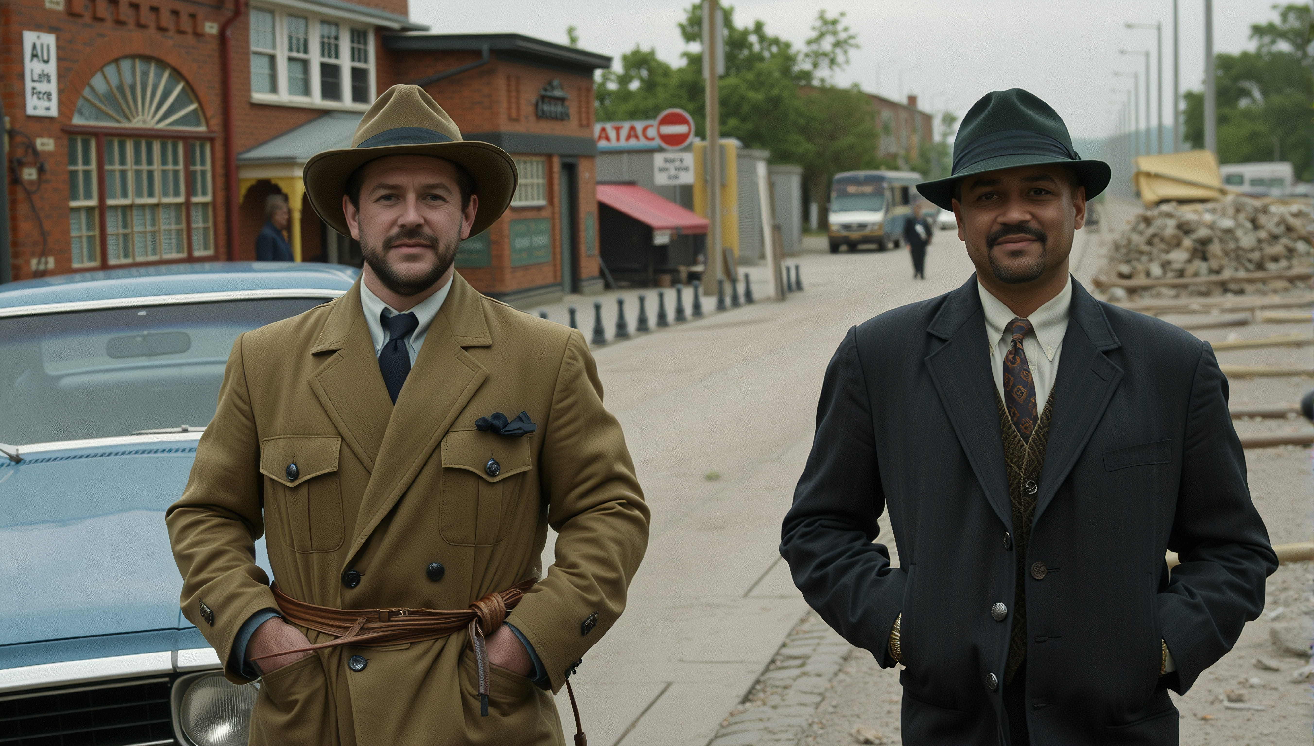 Two Men in Vintage Attire on Urban Street