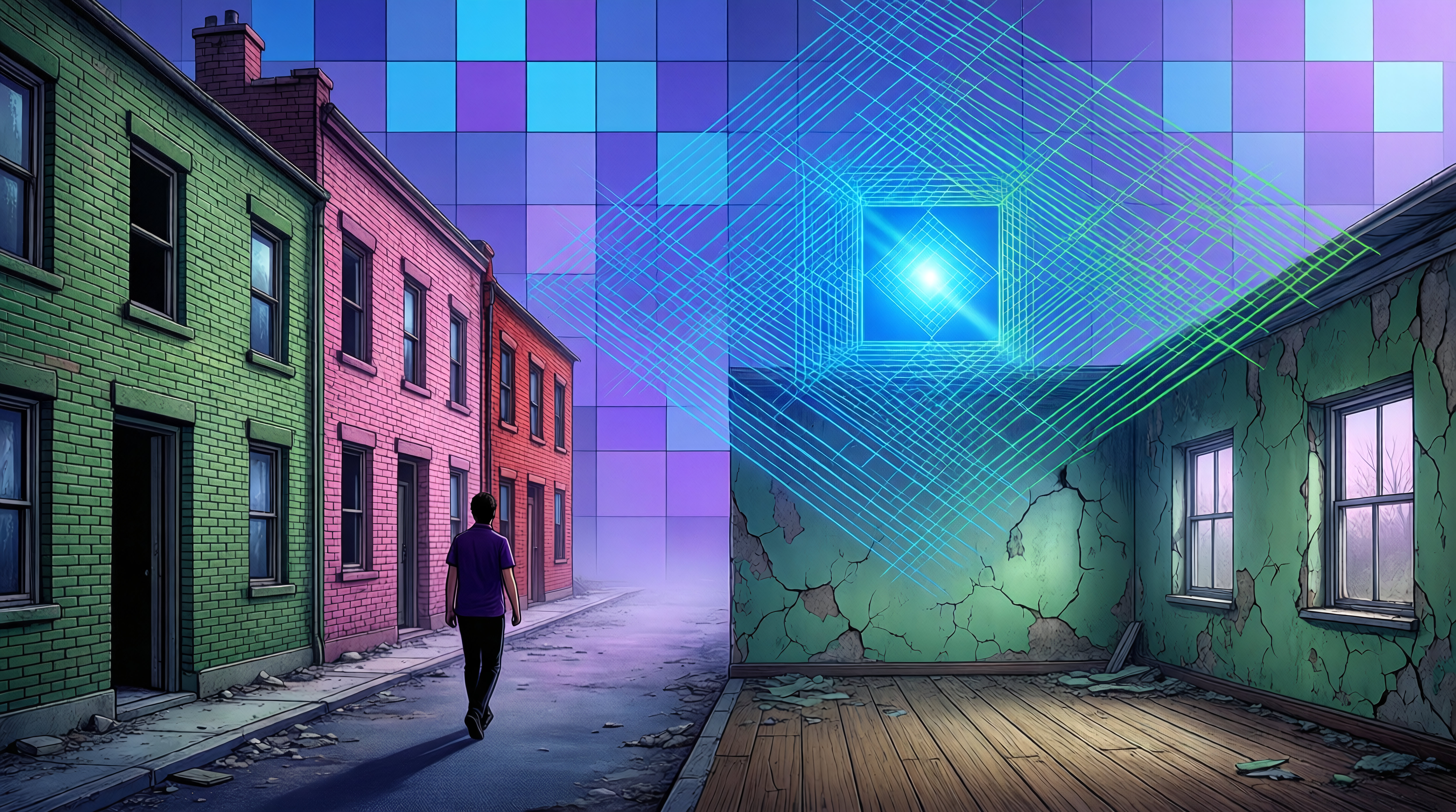 Neon-lit urban alley with glowing geometric portal and solitary figure