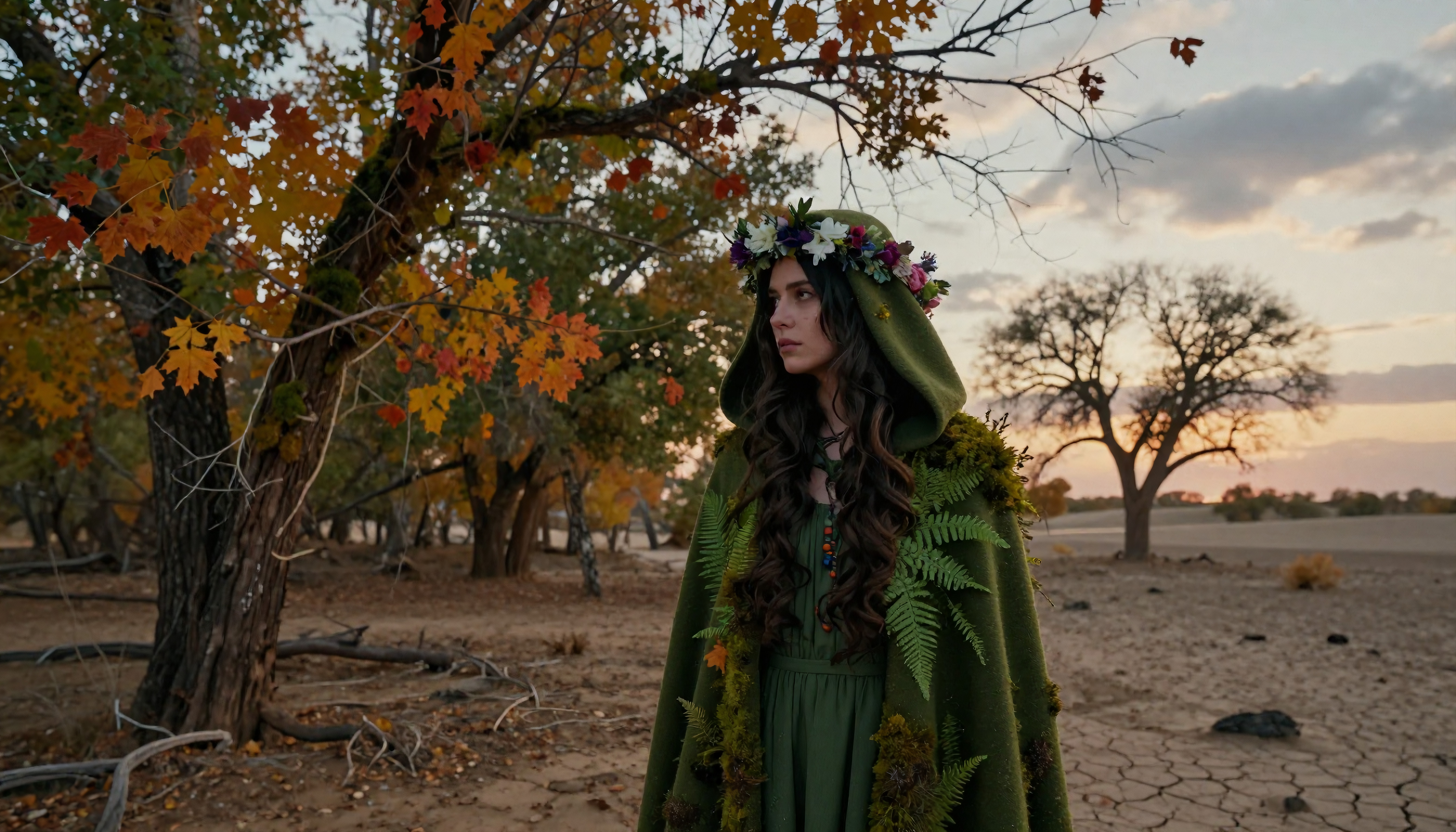 Enchanted Autumn Goddess in Arid Forest Landscape