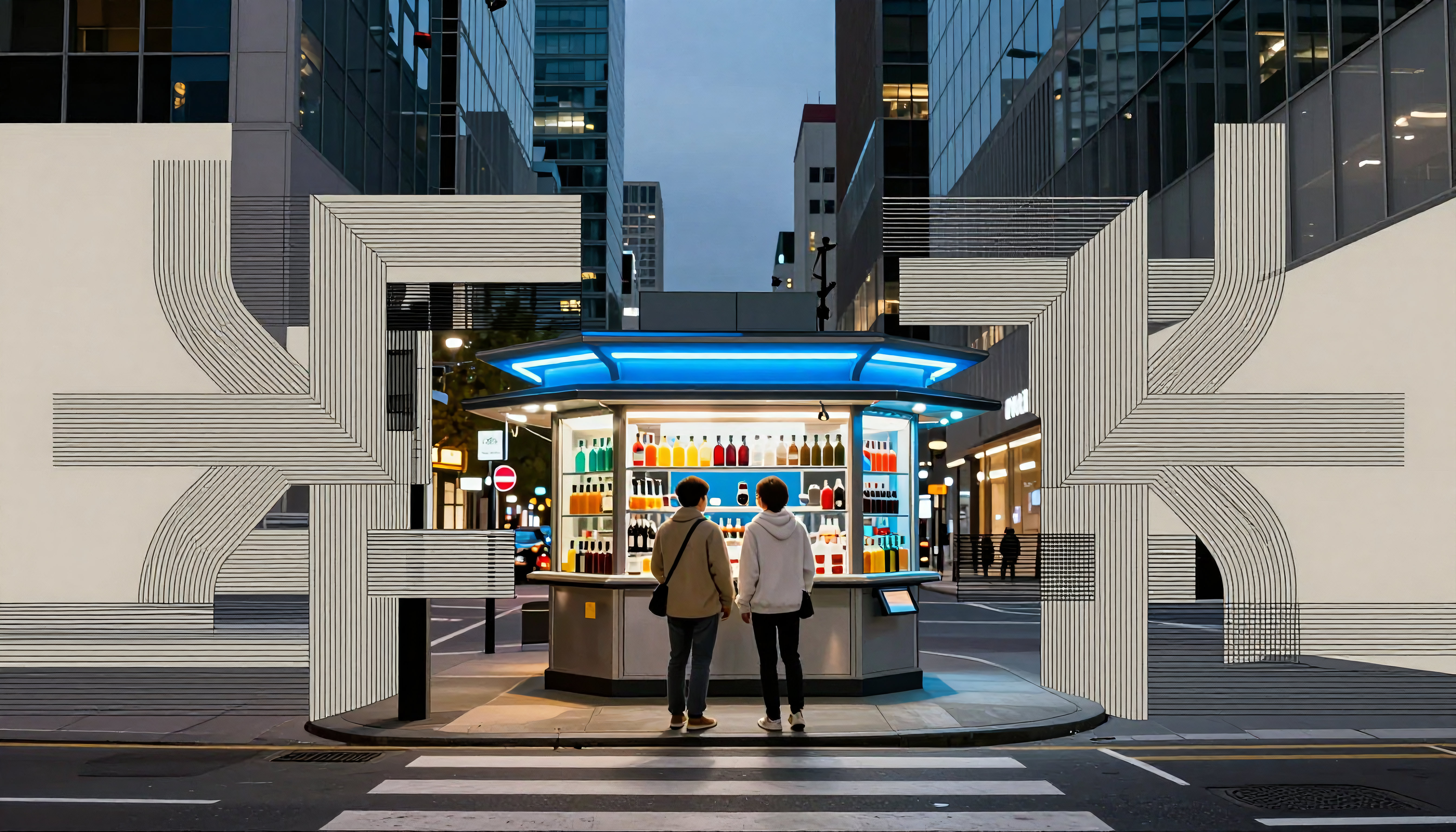 Urban Evening Scene with Modern Kiosk and Geometric Wall Art