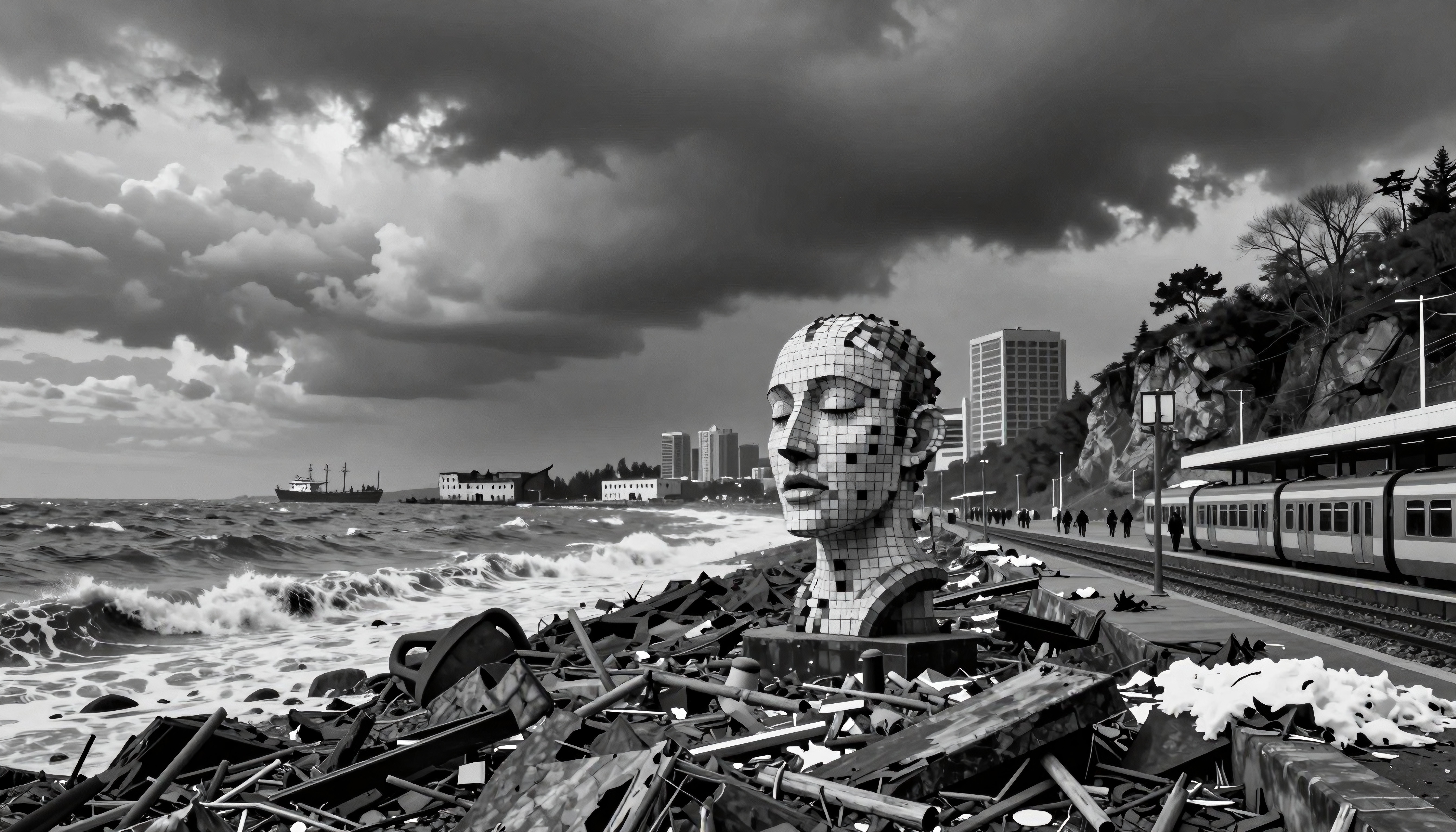 Mosaic Head Sculpture Amidst Coastal Debris and Stormy Sky