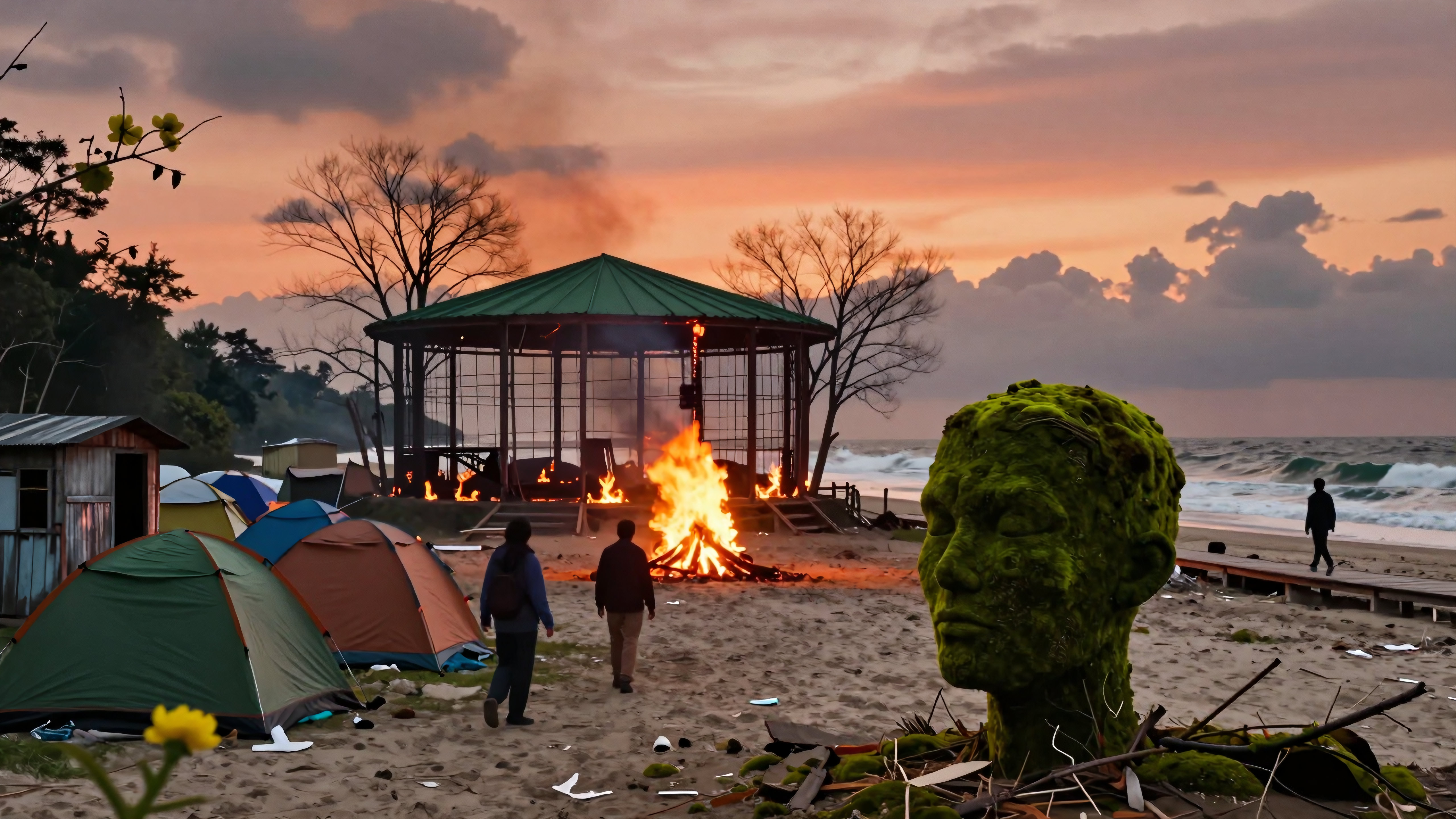 Beach Campsite Bonfire at Sunset with Sculpture and Gazebo