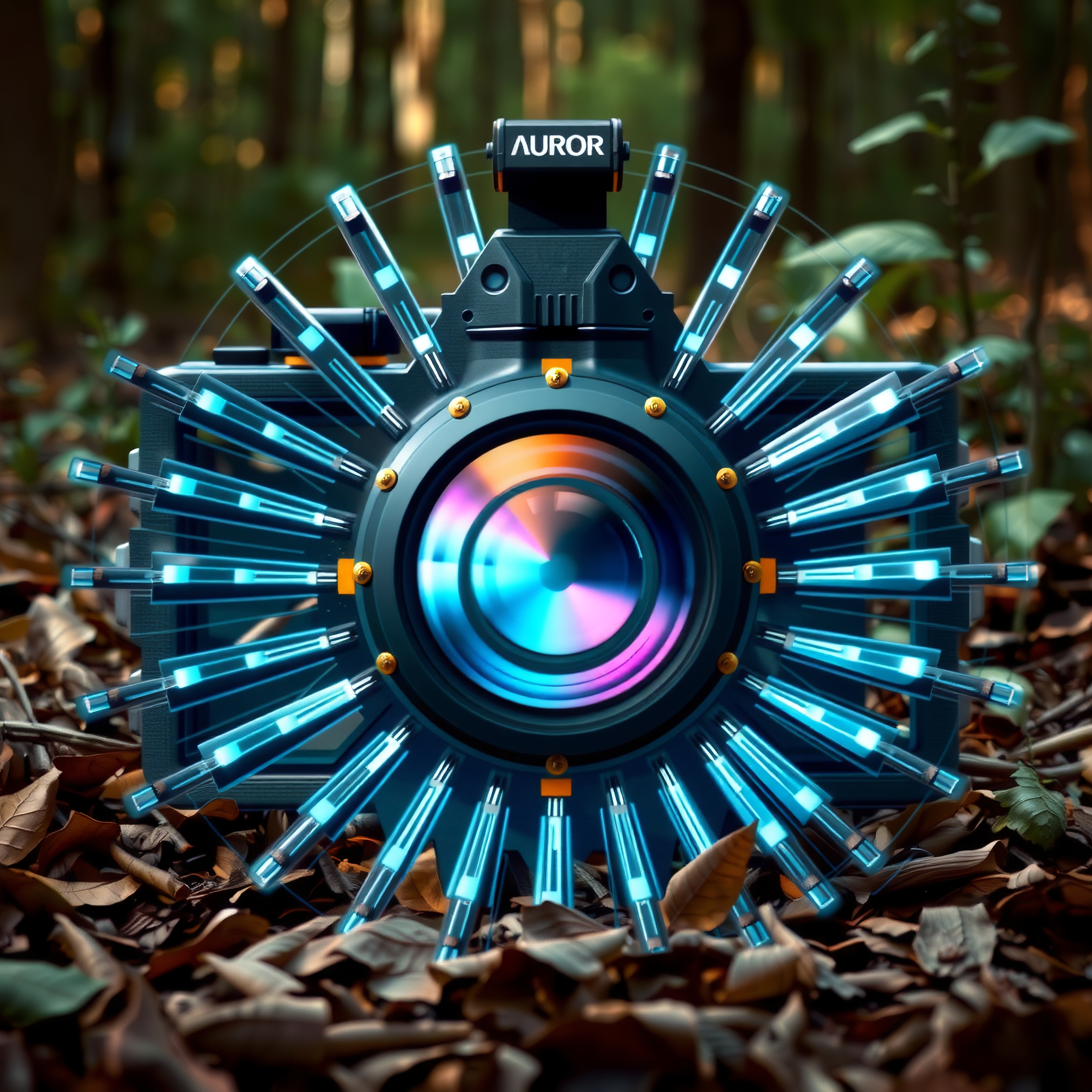 Futuristic Aurora Camera with Radiant Blue Elements in Forest Setting