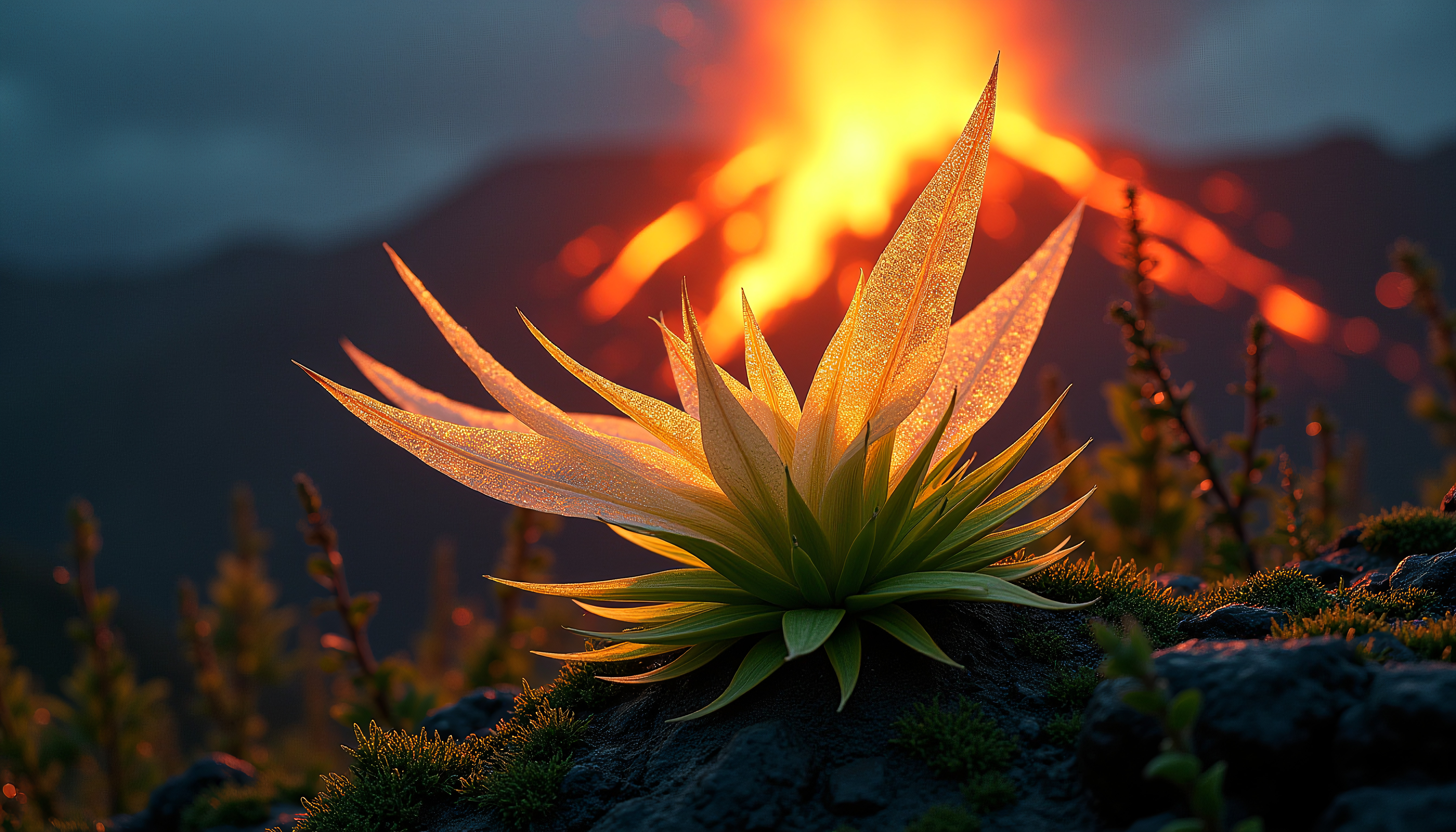 Desert Bloom at Dusk: Glowing Agave Plant Against a Dramatic Volcanic Sunset