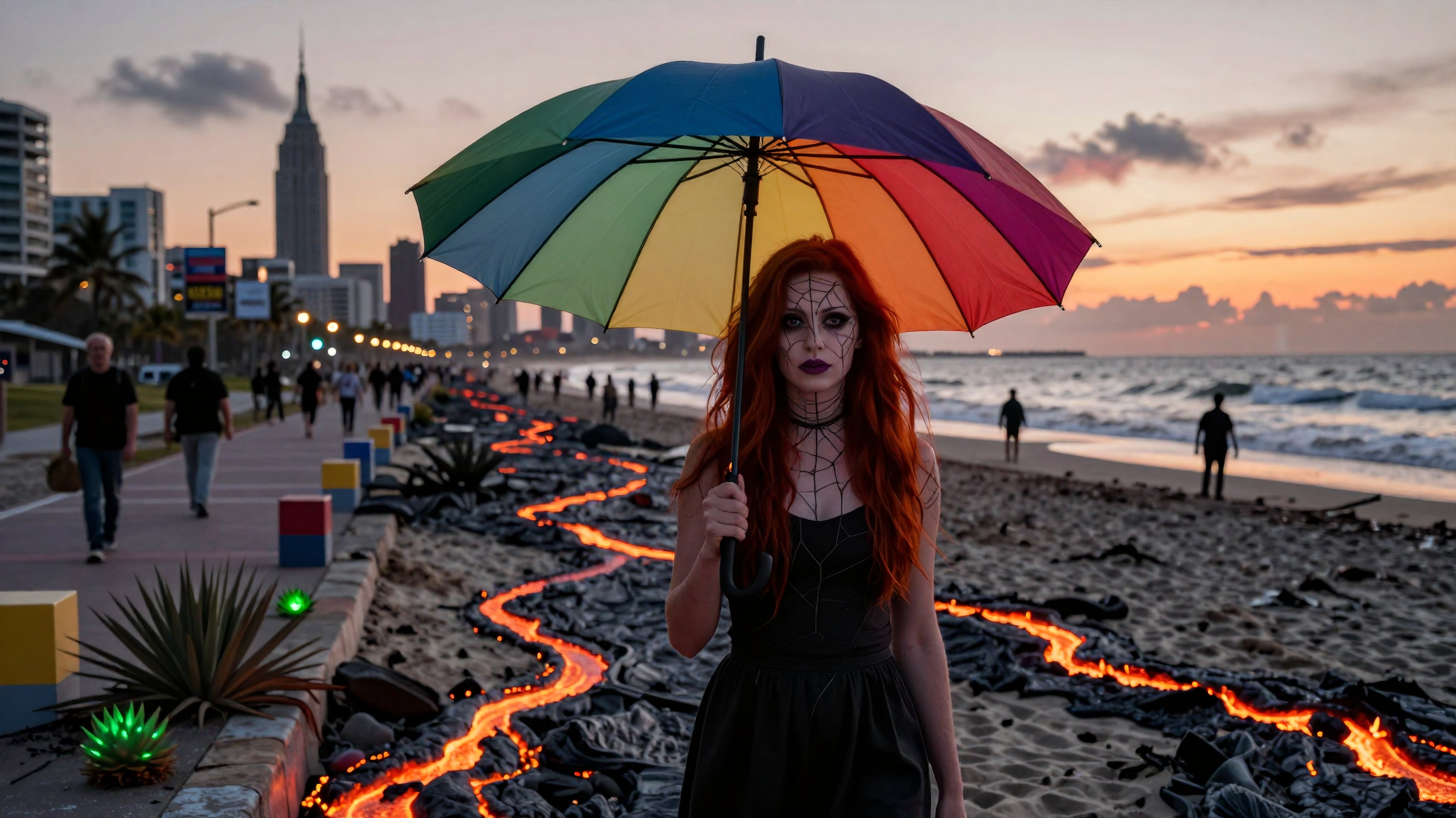 Rainbow Umbrella at Sunset Beach with Lava Flow and City Skyline