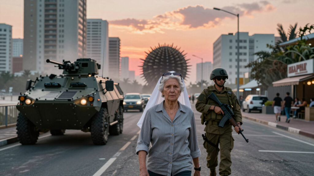 Urban Street Scene with Military Presence During Sunset