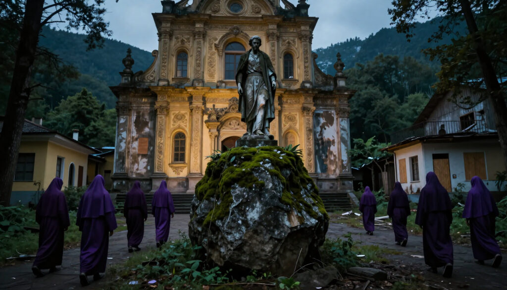 Figures in Purple Robes Approaching a Grand Abandoned Baroque Church Facade