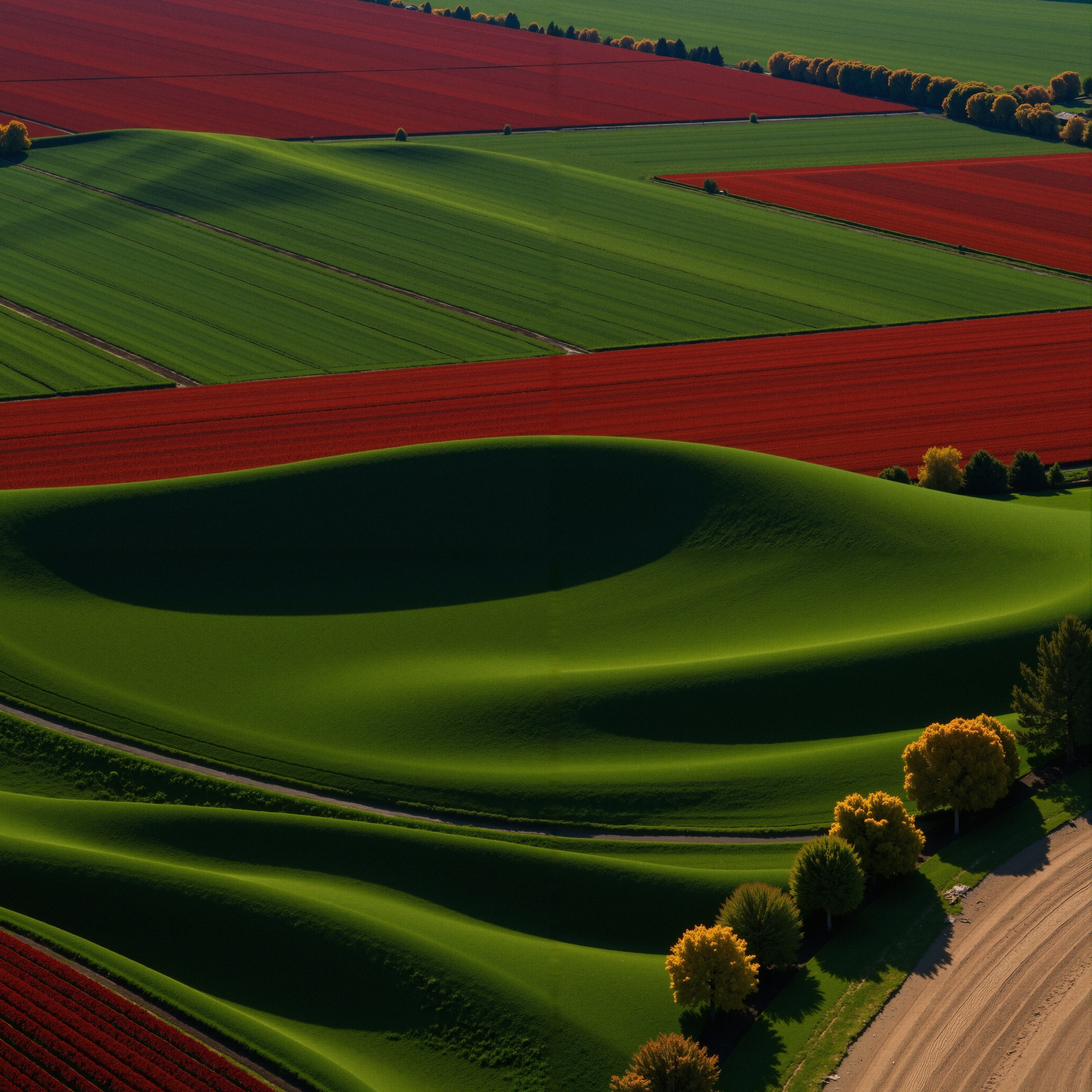 Aerial View of Colorful Crop Fields and Rolling Hills in Rural Landscape