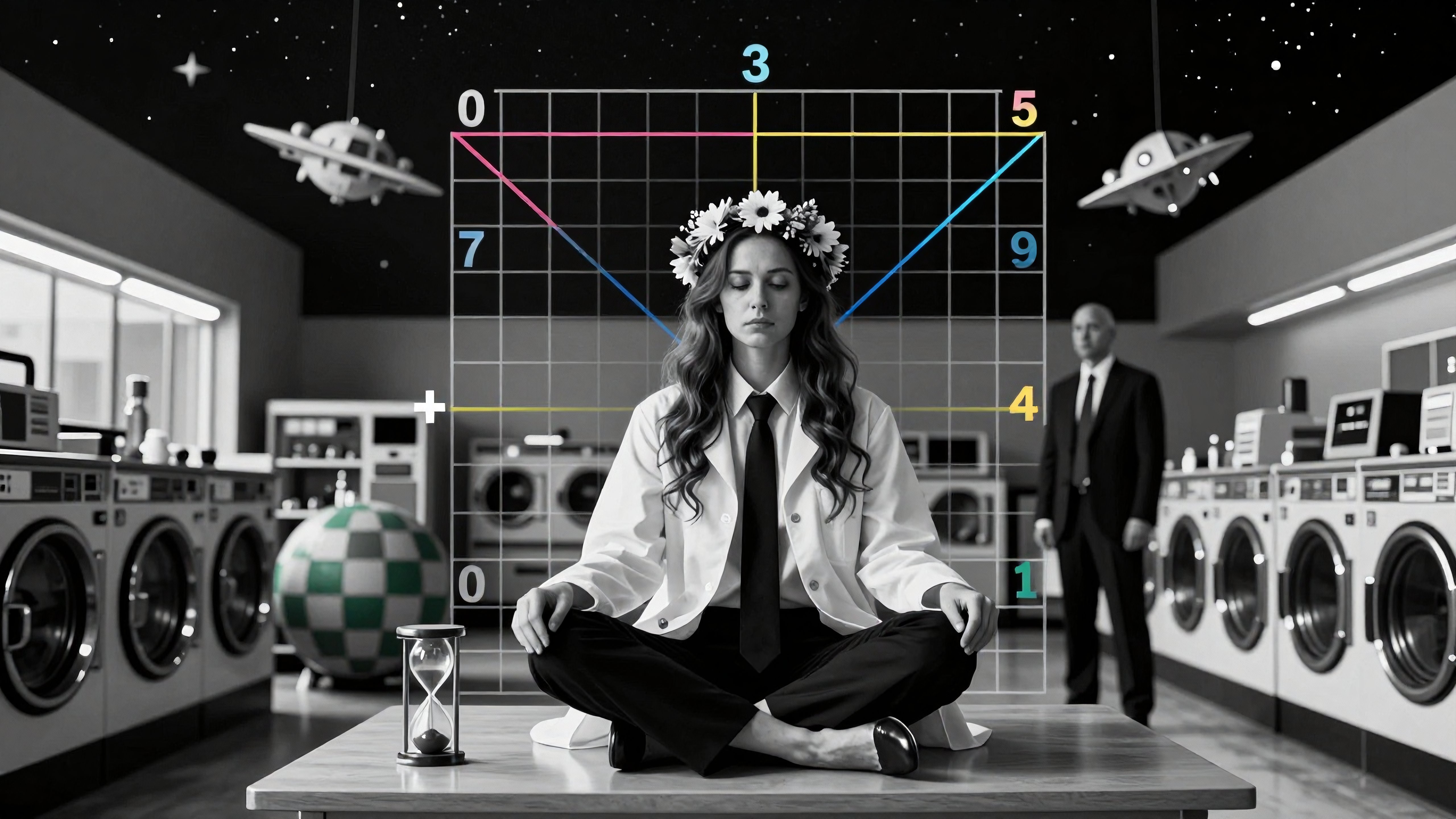Scientist Meditating in Futuristic Laundry Room with Grid Overlay