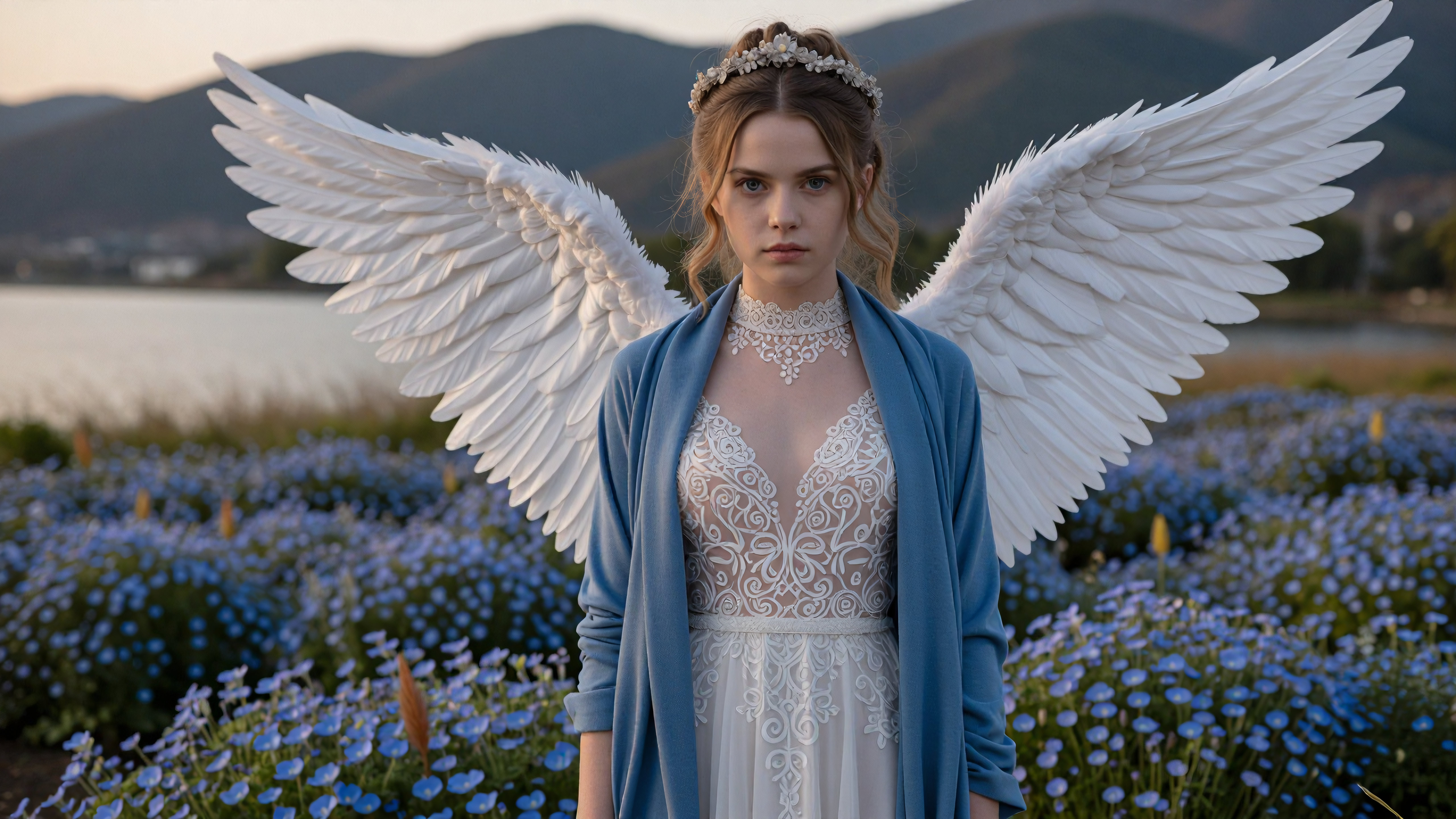 Angel with White Wings Standing in Blue Flower Field at Sunset