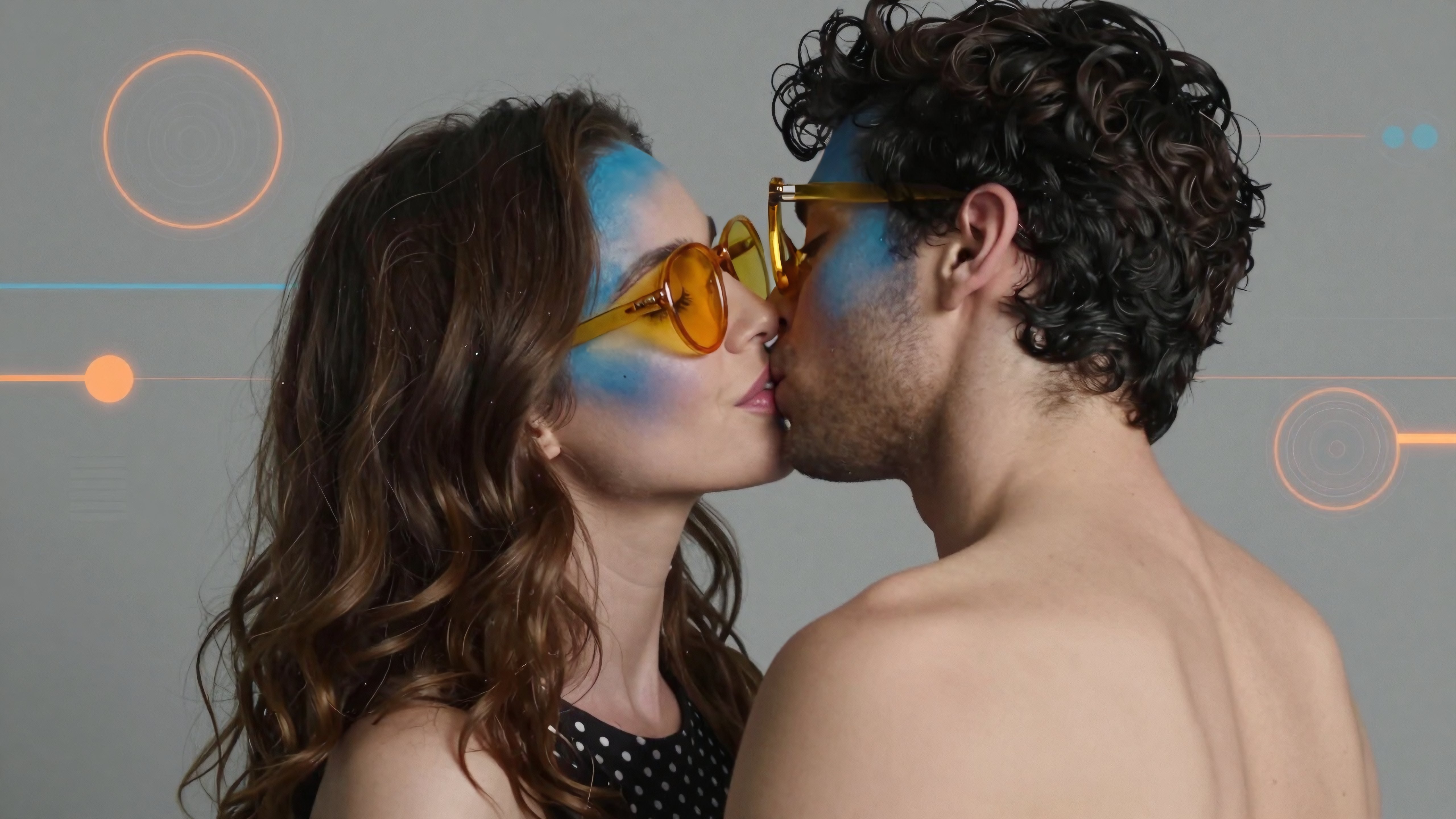 Couple Sharing Intimate Kiss with Blue Face Paint and Yellow Sunglasses
