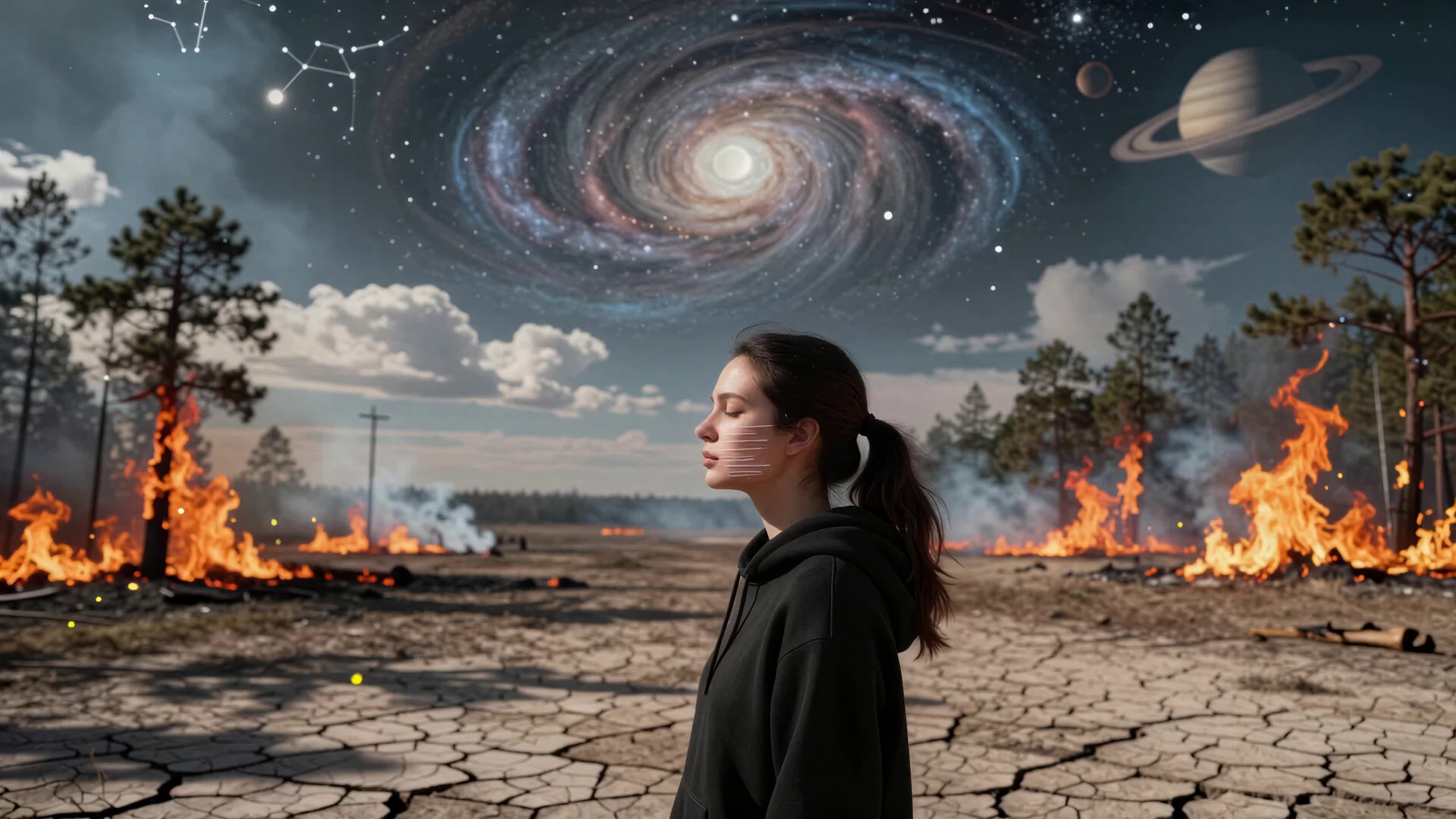 Young woman standing amidst burning wilderness beneath swirling galaxy and Saturn—symbolic blend of terrestrial devastation and cosmic serenity.