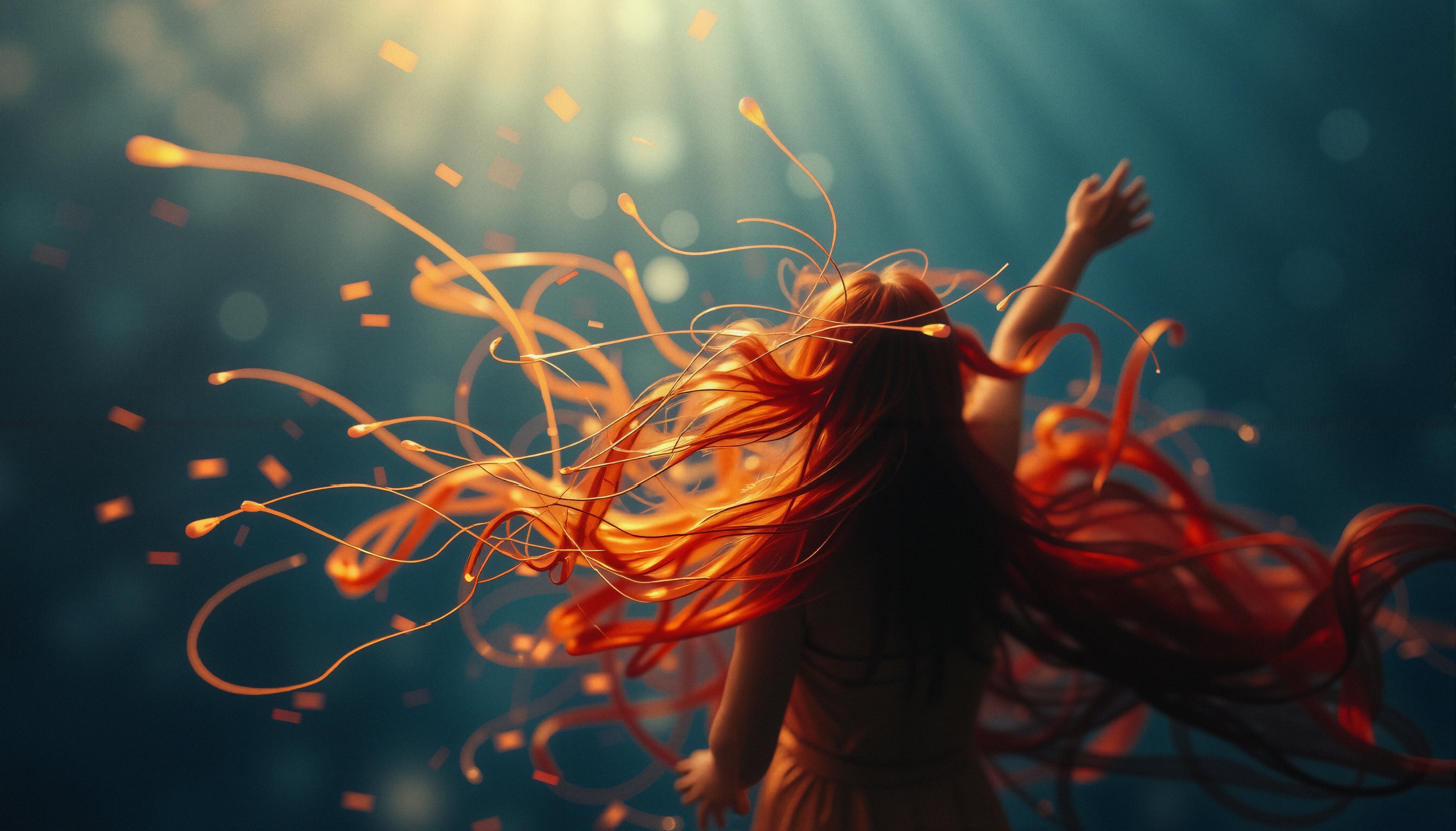 Radiant Flow: Silhouette of a Woman with Glowing Hair Against Sunbeams